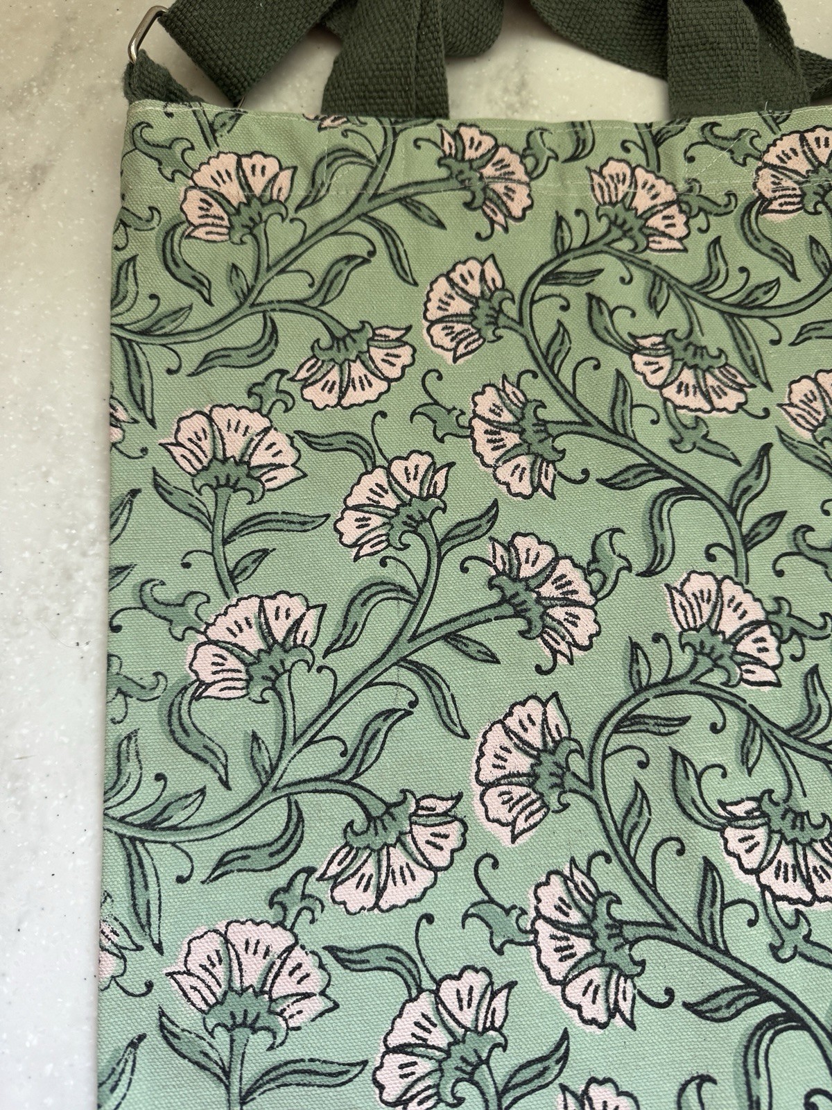 William Morris Style Canvas Tote Double Handles & Straps Green/Pink Floral NWOT