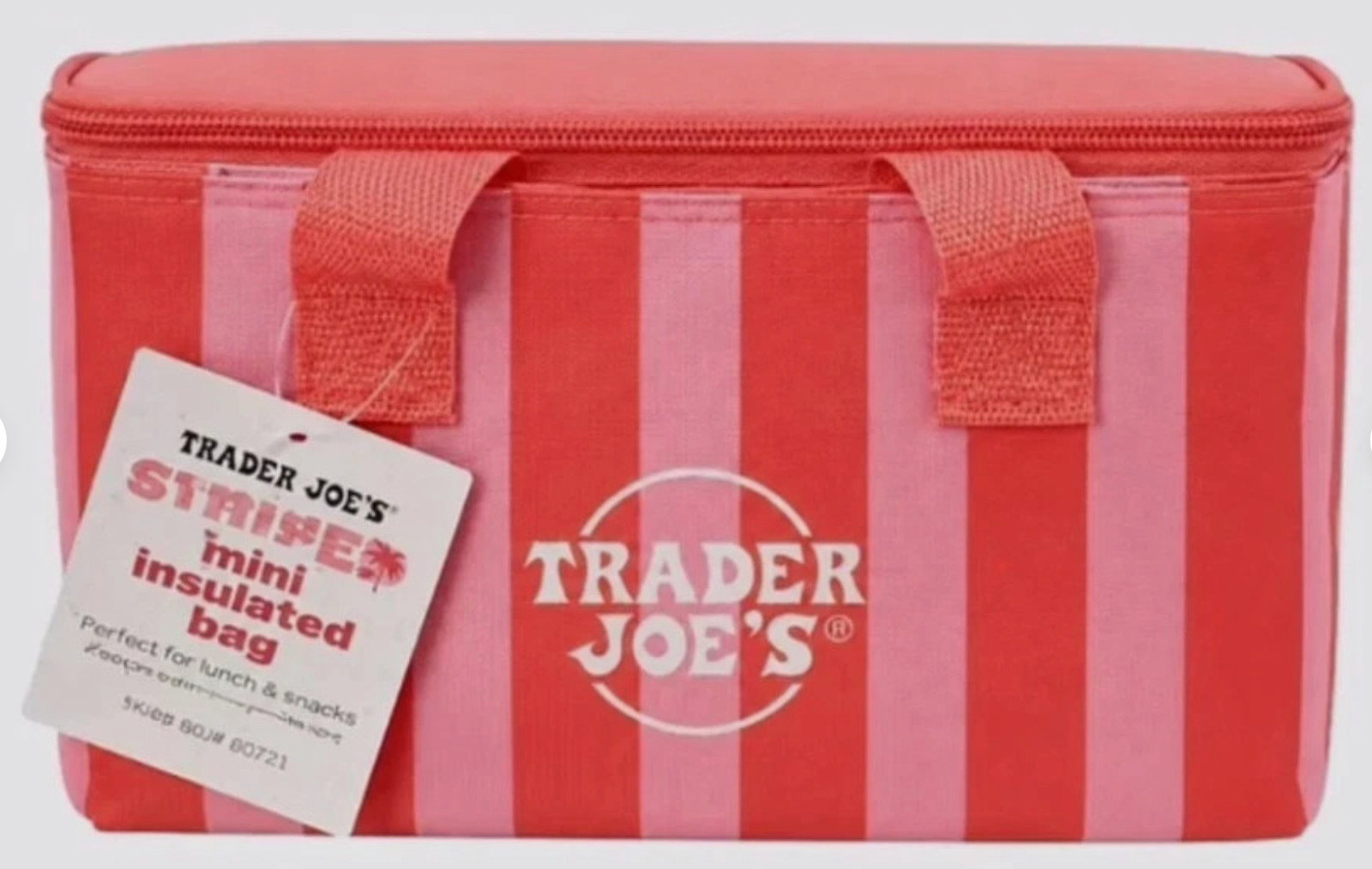 Trader Joe’s 2026 Striped Mini Insulated Tote Bag – Pastel Red-and-Pink stripes