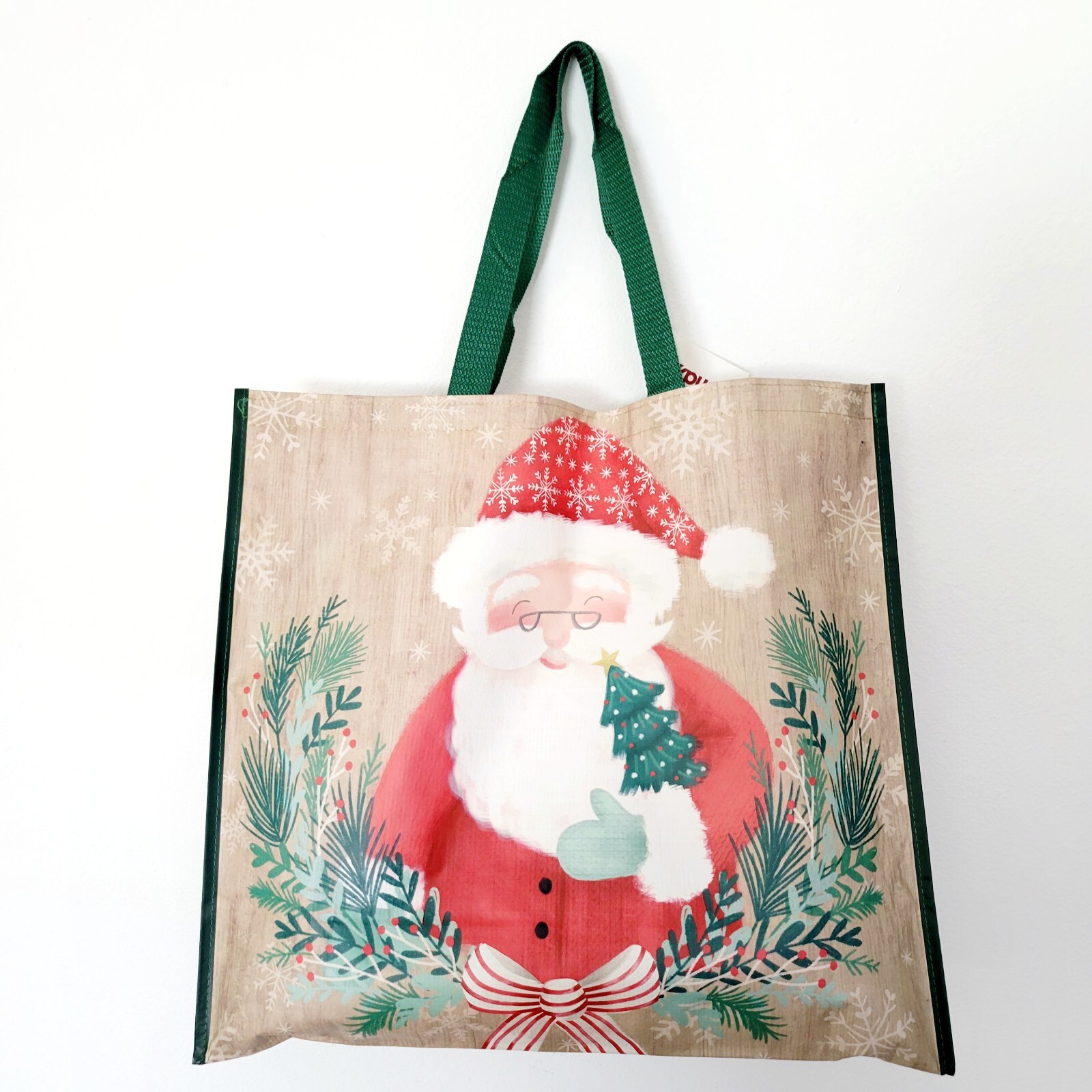 Christmas Santa Wreath Ribbon Tree Snowflakes Reusable Tote Bag Gift TJ Maxx