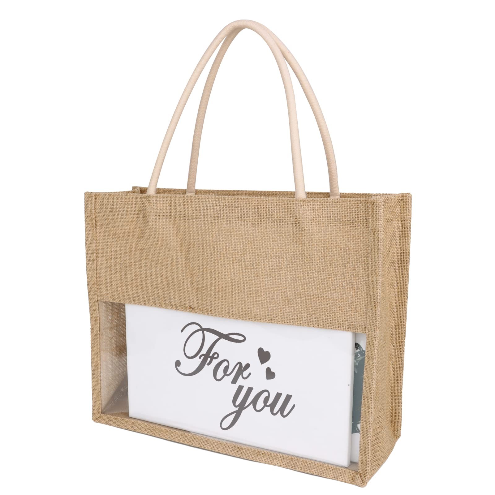 Burlap Jute Tote Transparent PVC Film Window Reusable Beach Grocery Bag 6 PCS