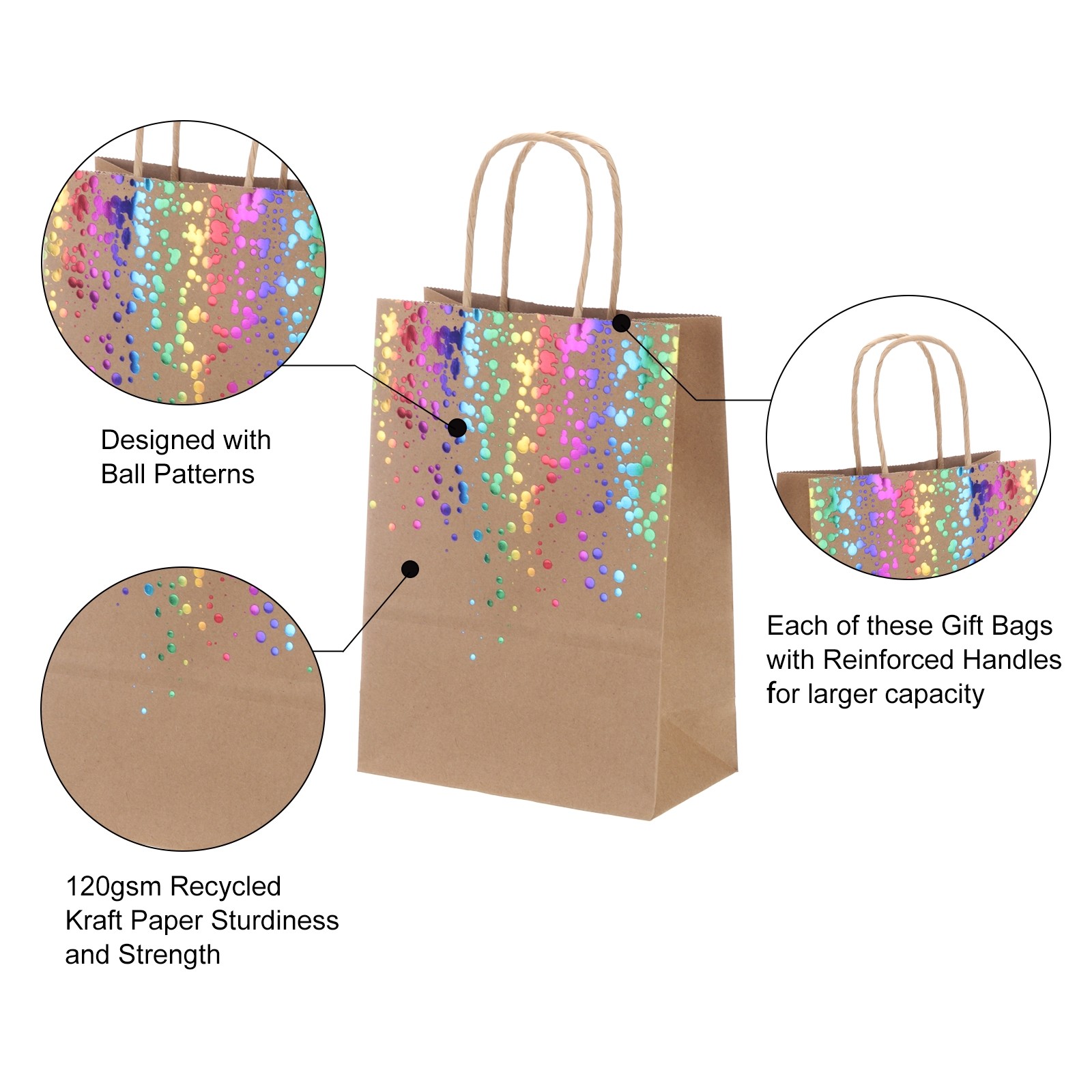 24Pcs Kraft Gift Bags with Handles Bulk, Yellow Multicolor Dot Party Favor Bags