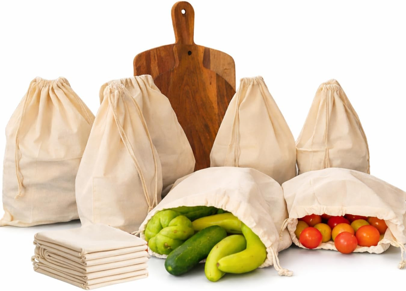 Pack of 12 Reusable Produce Bags, Mesh Produce Cotton Drawstring Washable Bags