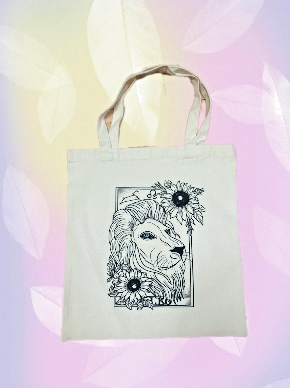 Beige Fabric Tote Bag Lion & Floral Line Art Print 15 x 16 in Reusable