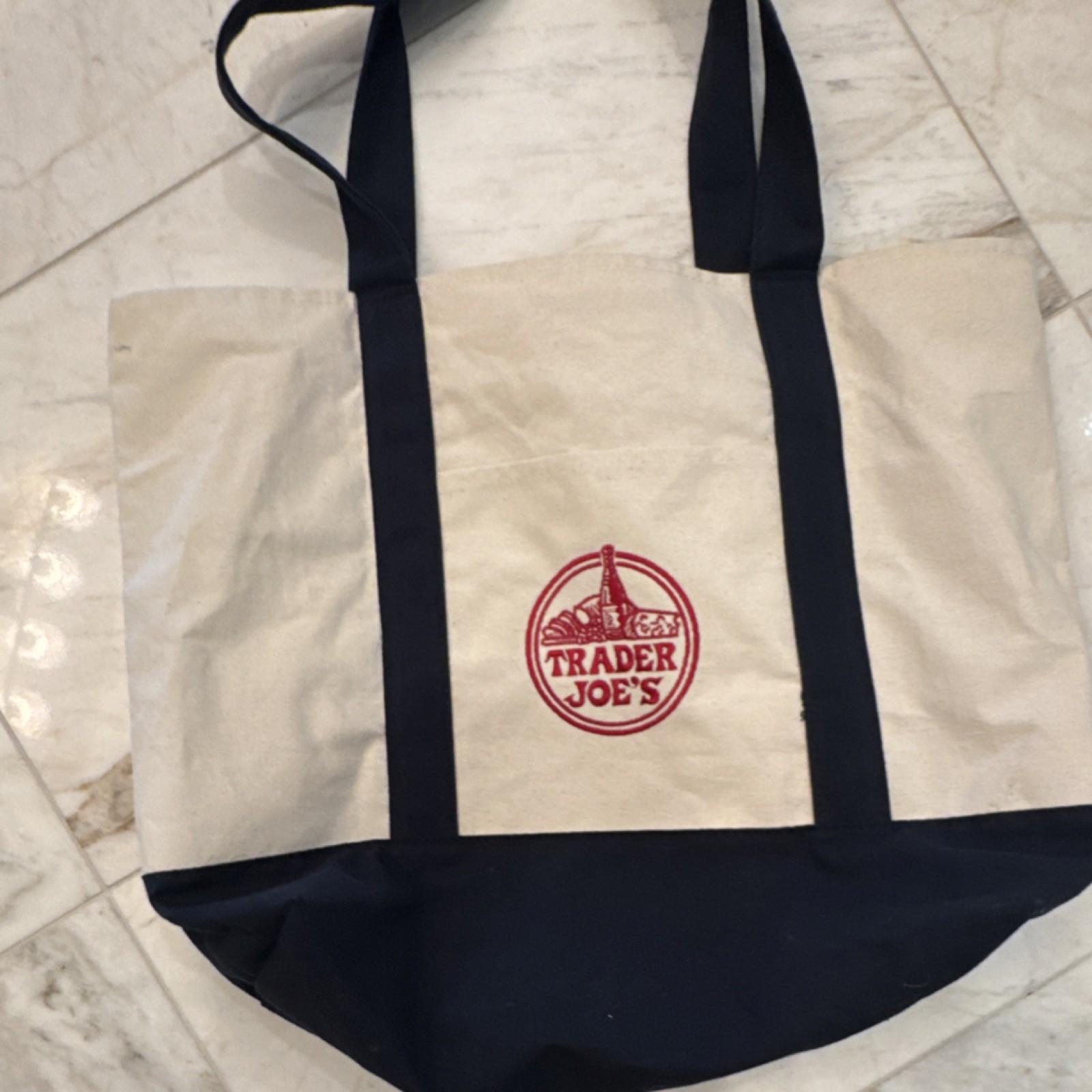 Trader Joe’s Foldable Canvas Reusable Shopping Bag Beige Navy Blue