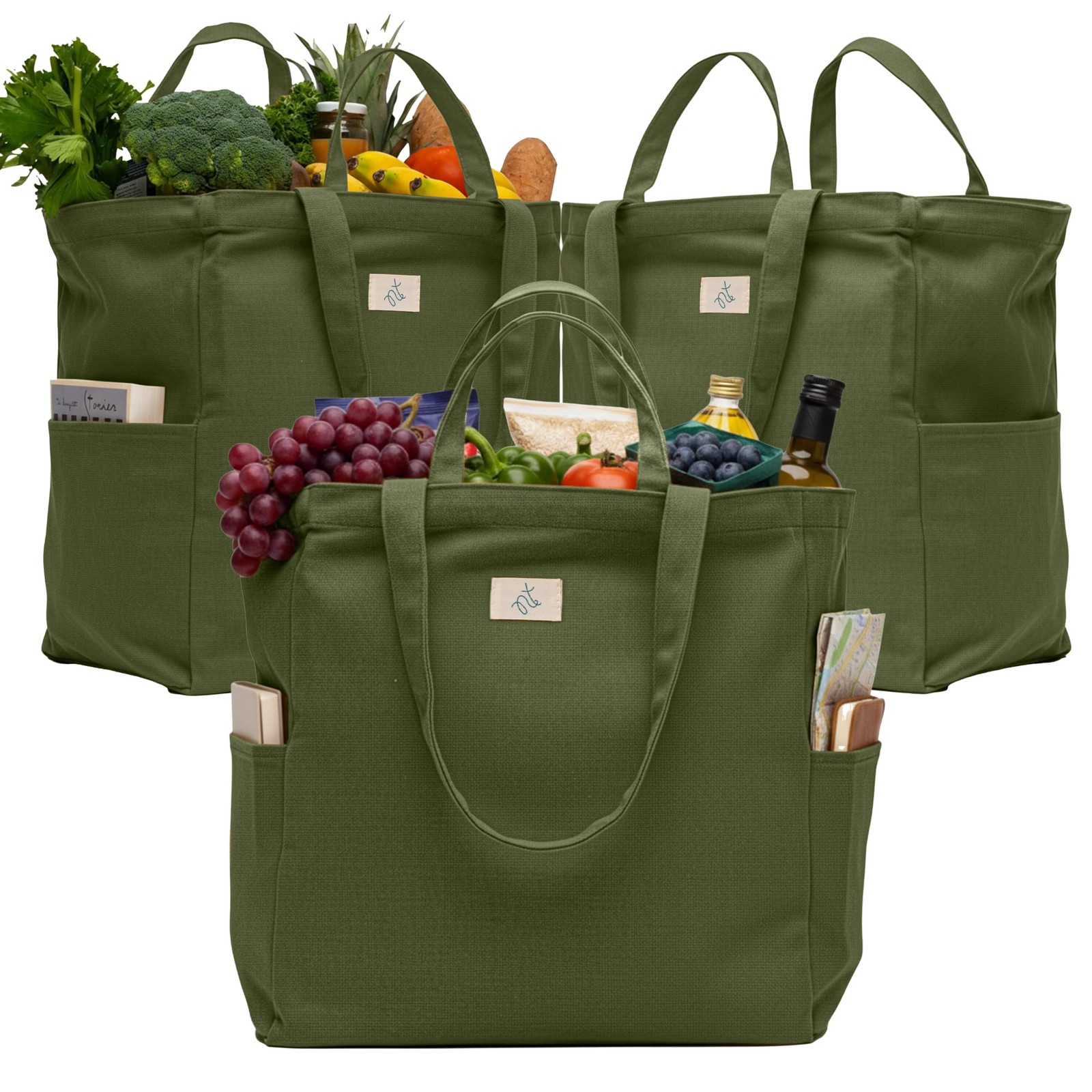 3-Pack Reusable Grocery Bags – Heavy Duty, Large 12 Oz Cotton Canvas Reusable…
