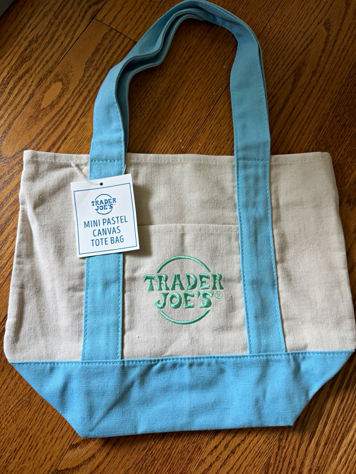 Trader Joe’s Mini Pastel Canvas Tote Bag, Beige/Blue, 11 x 12 x 18 in