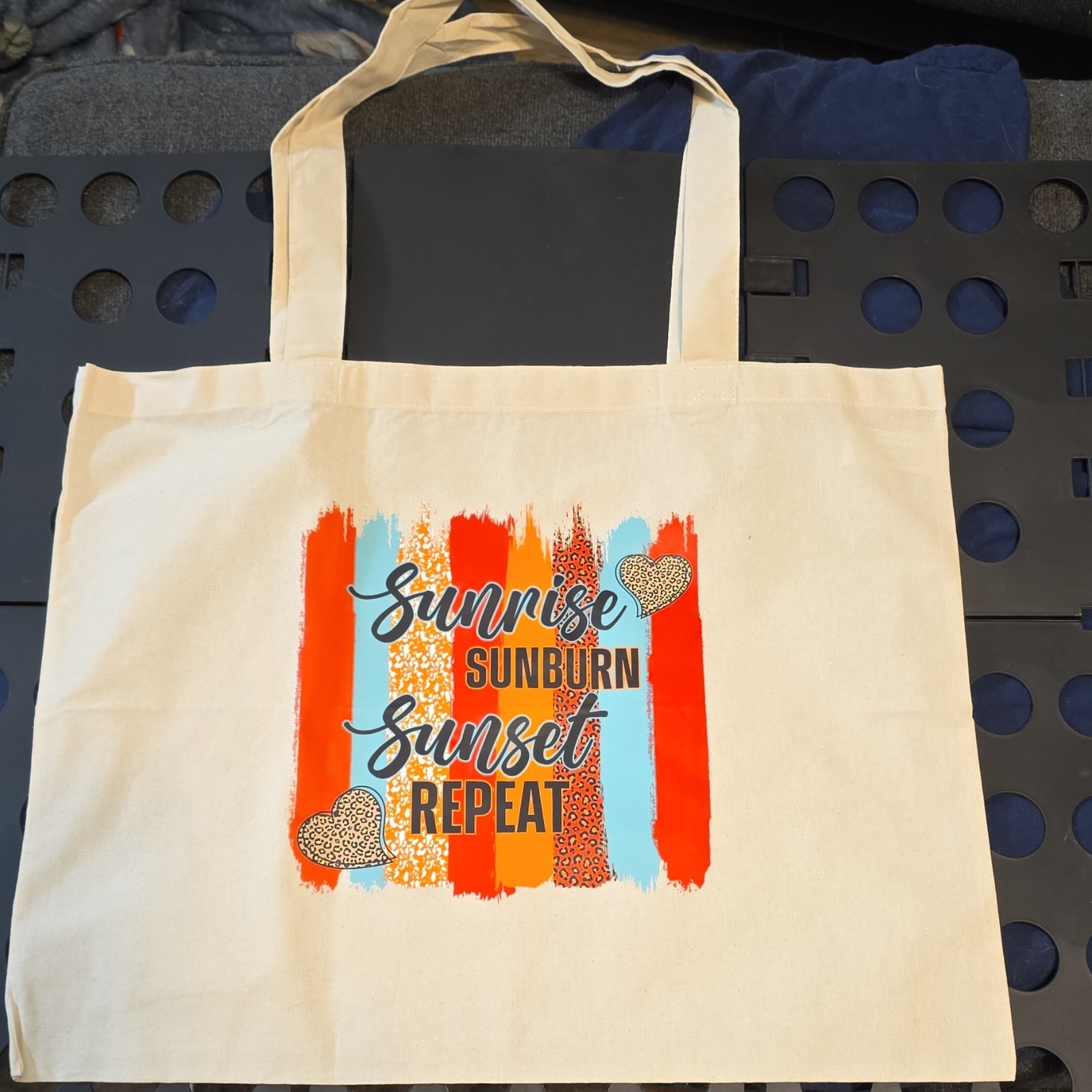 Beige Canvas Foldable Reusable Tote Bag ‘Sunrise Sunburn Sunset Repeat’ Print