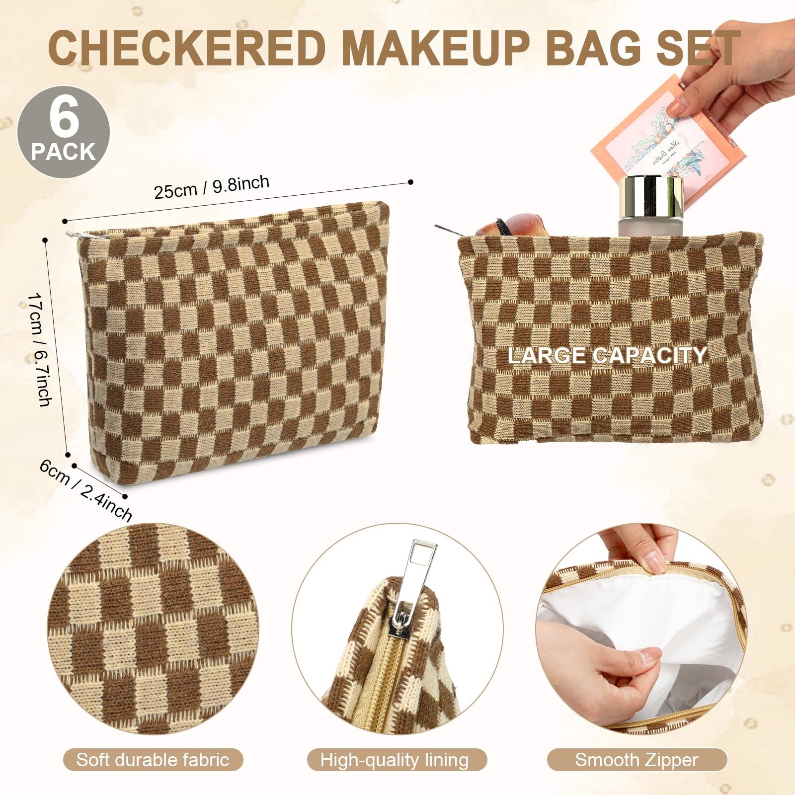 Gilprop 6 Pcs Checkered Makeup Bag Knitted 9.8 x 6.7 x 2.4 inches, Coffee