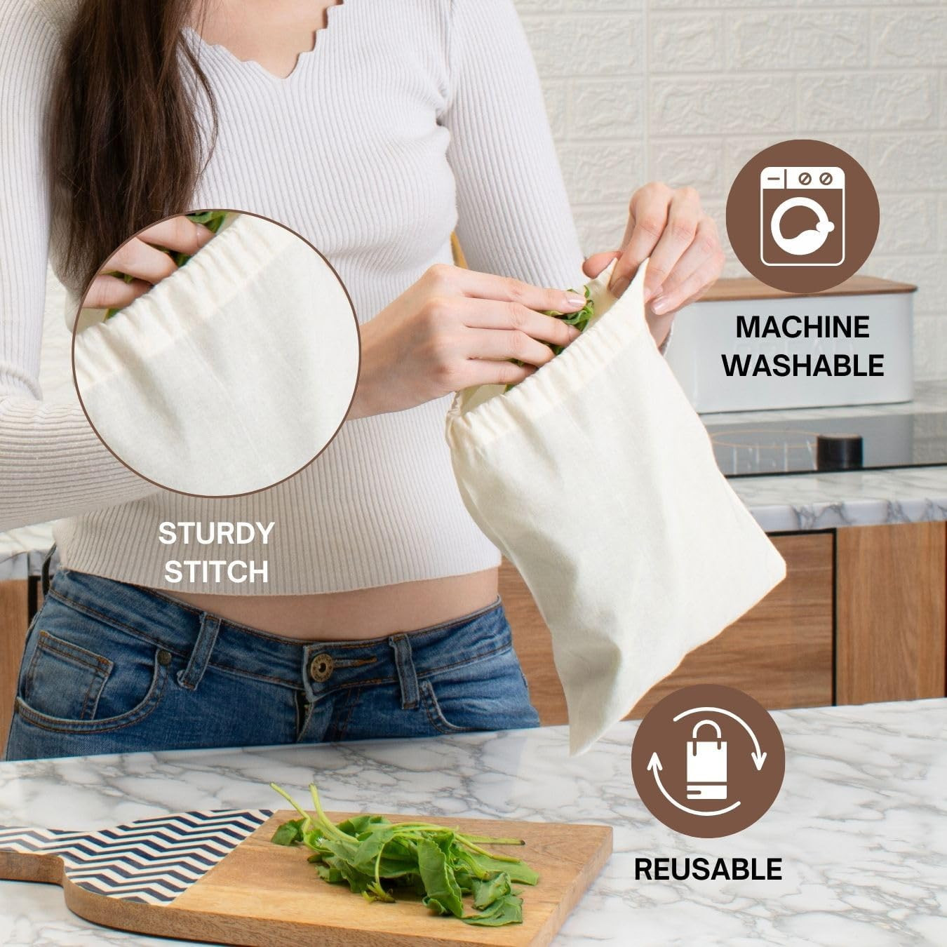 Pack of 12 Reusable Produce Bags, Mesh Produce Cotton Drawstring Washable Bags