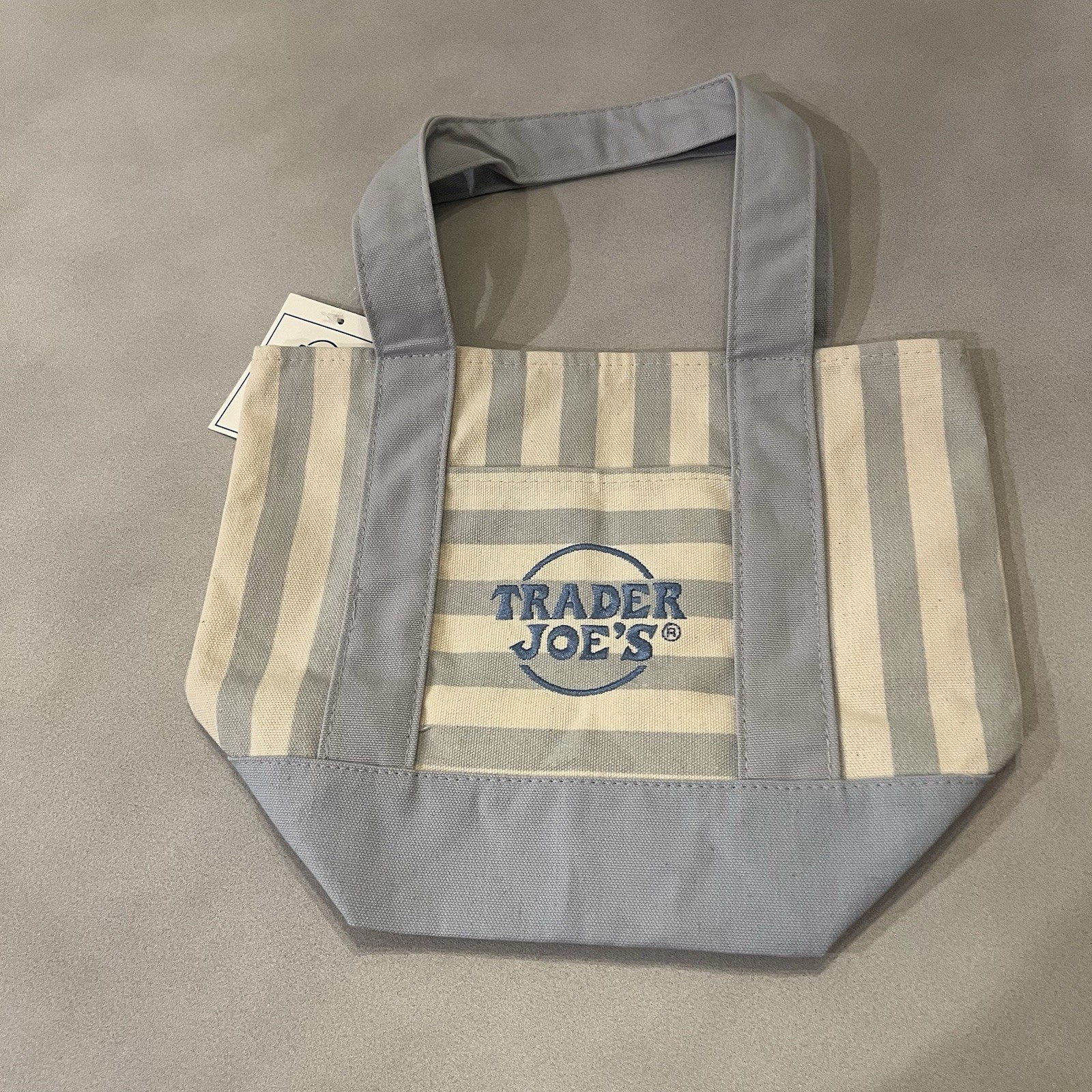 Trader Joe’s 2026 Mini Canvas Tote Bag Light Blue Stripe 13”x 10”x6” NWT