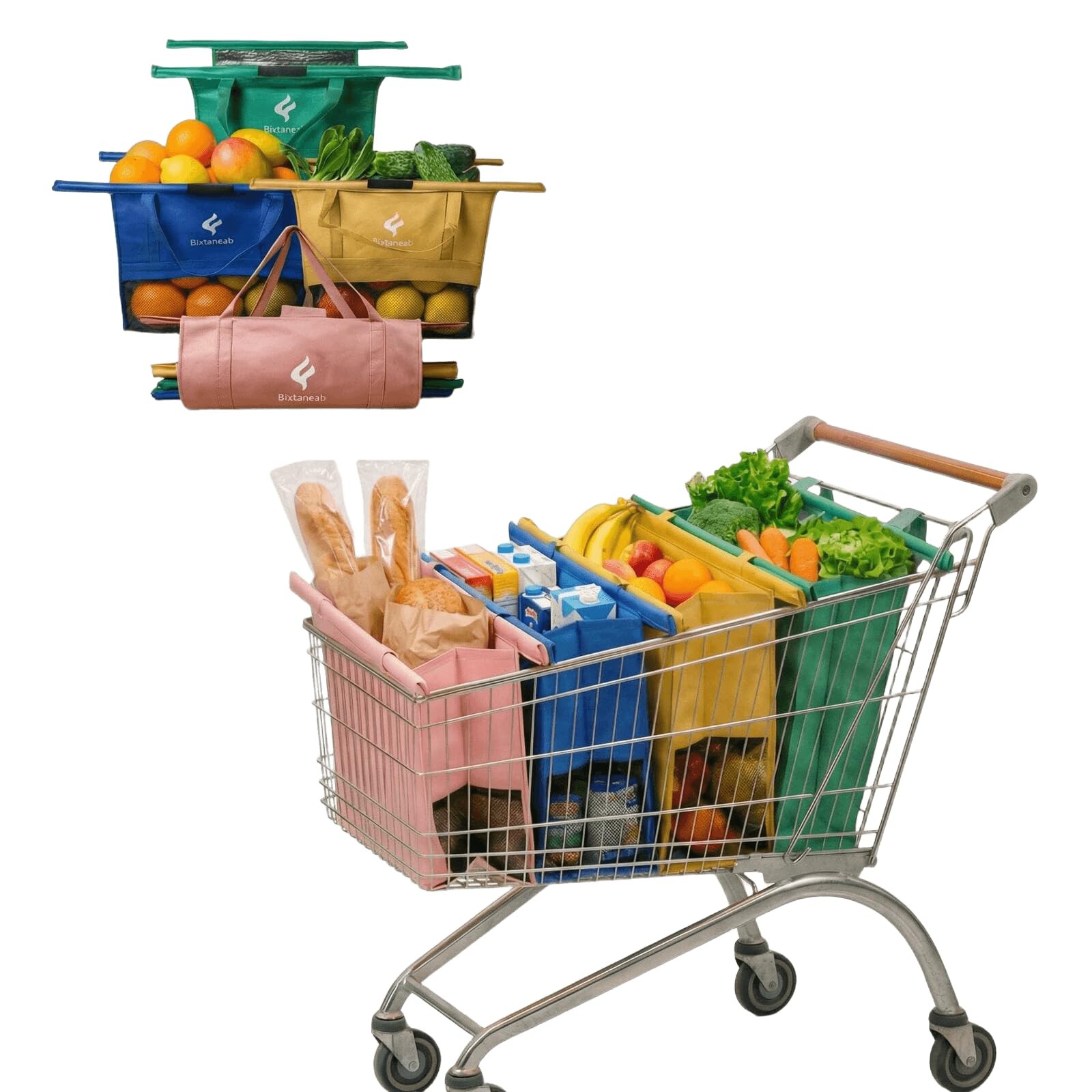 Bixtaneab Shopping Cart Bags for Groceries, 4-Pack Collapsible Reusable Groce…