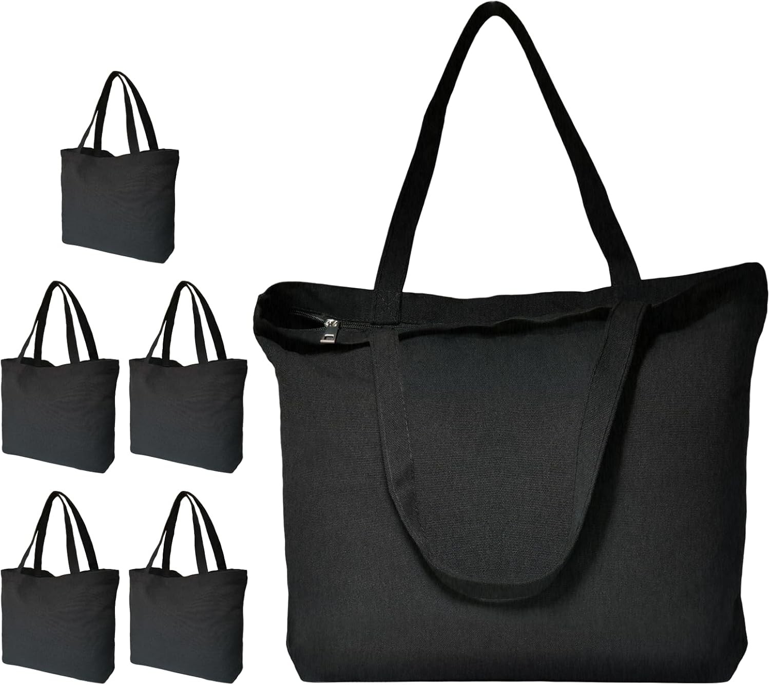 Black Canvas Tote Bag with Zipper, 6-Pack 17x14x3.9” 12Oz Thick Canvas Bag w…