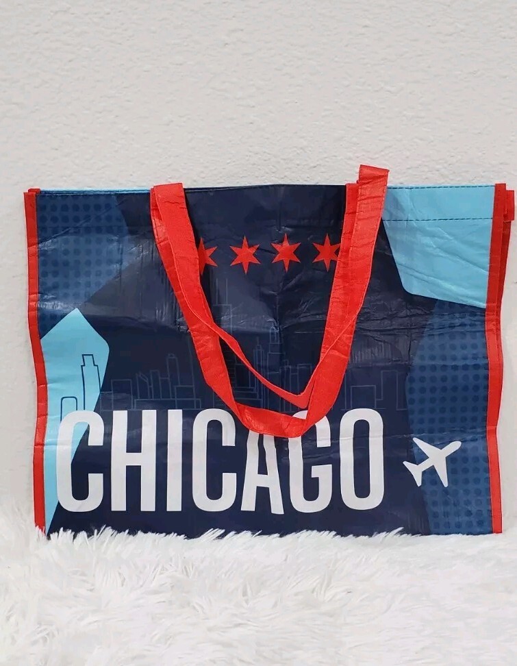 Chicago Reusable Shopping Bag – 12″x16″x5.5″ Red White Blue Airport Travel Tote