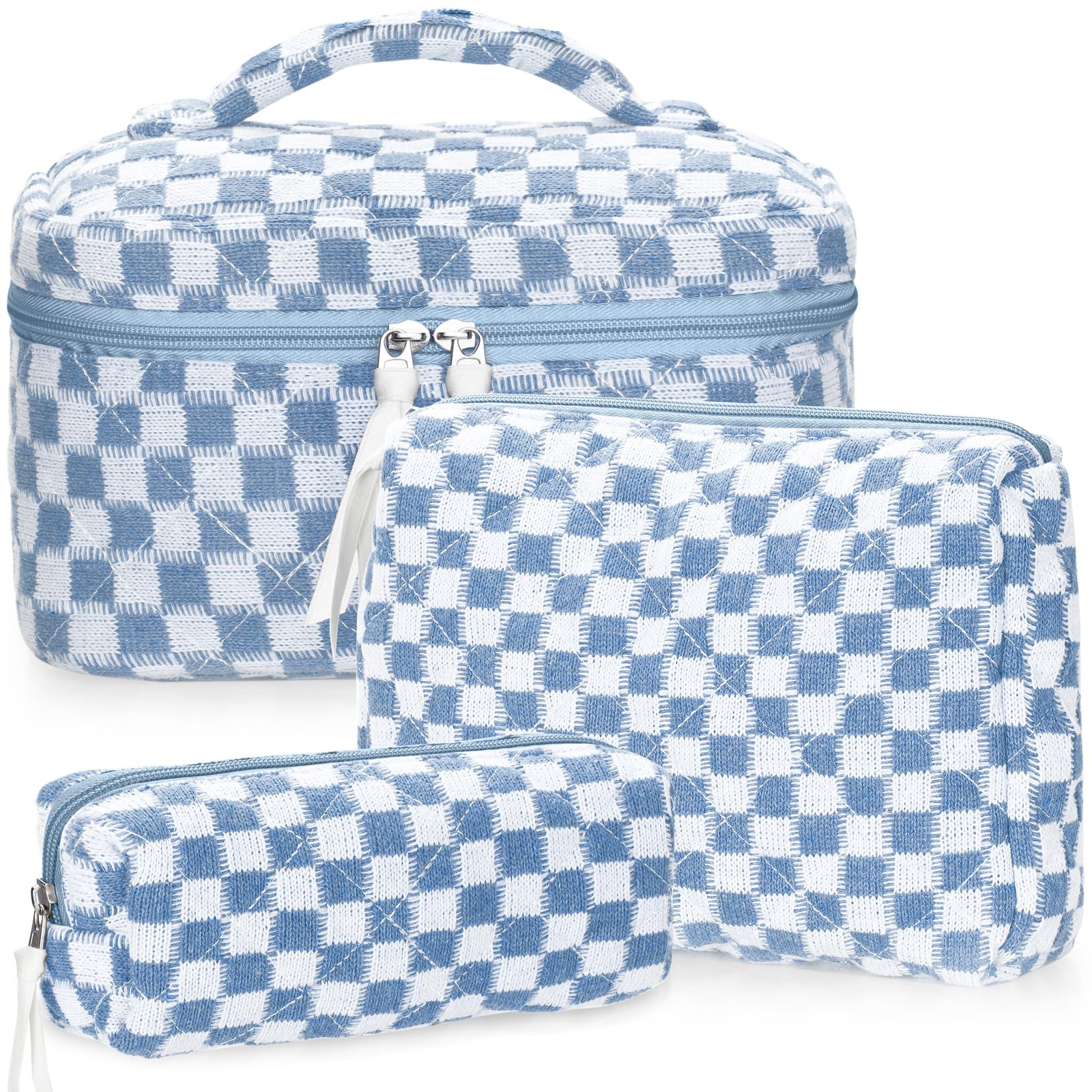 BuyCard 3Pcs Quilted Makeup Bag Set Large Checkered Light Blue