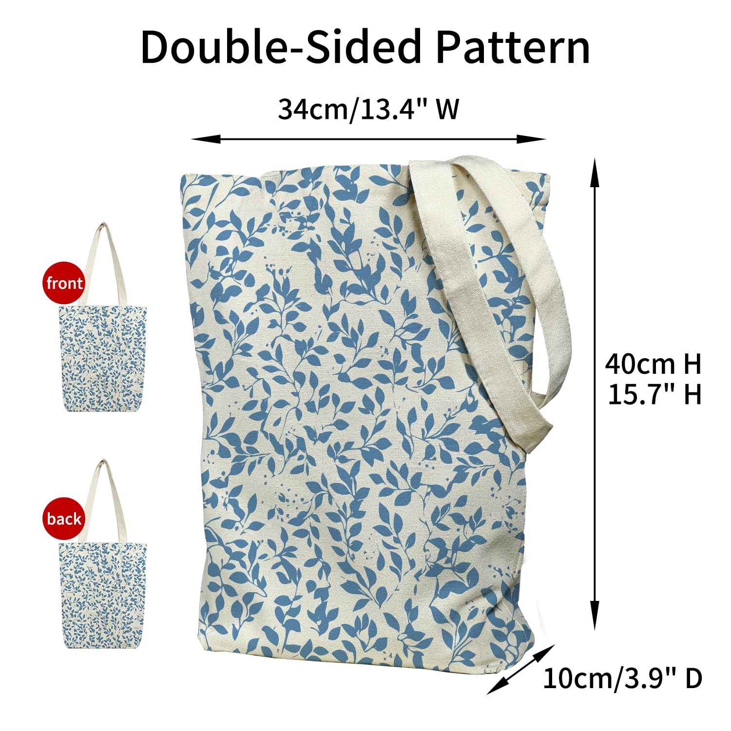 Canvas Tote Bag for Men and Women, Tote Bag With Zipper Pocket Blue Leaf Thic…