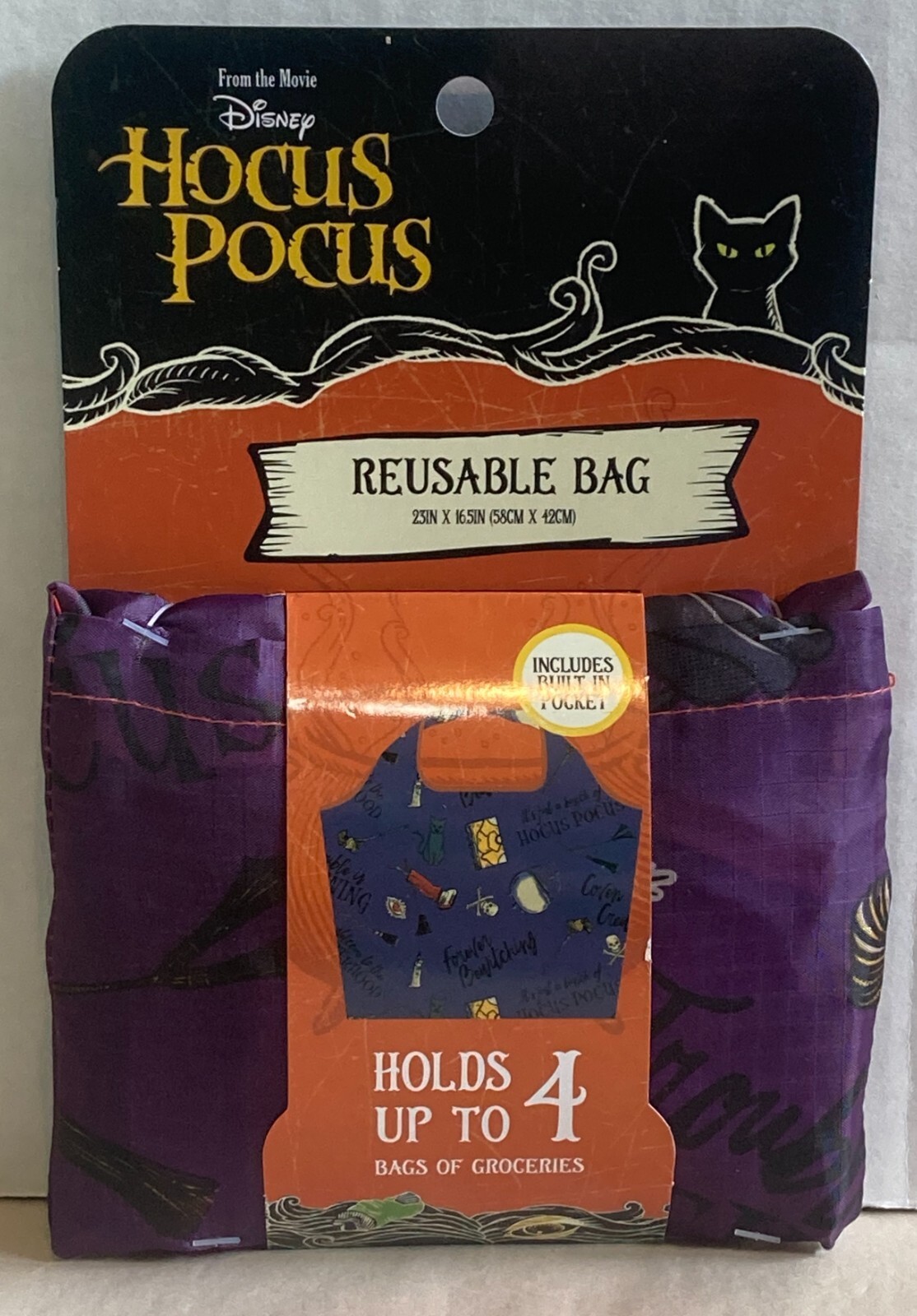 Disney Hocus Pocus Reusable Grocery Bag 23″ x 16.5″ Pocket Easy Fold Up (C)