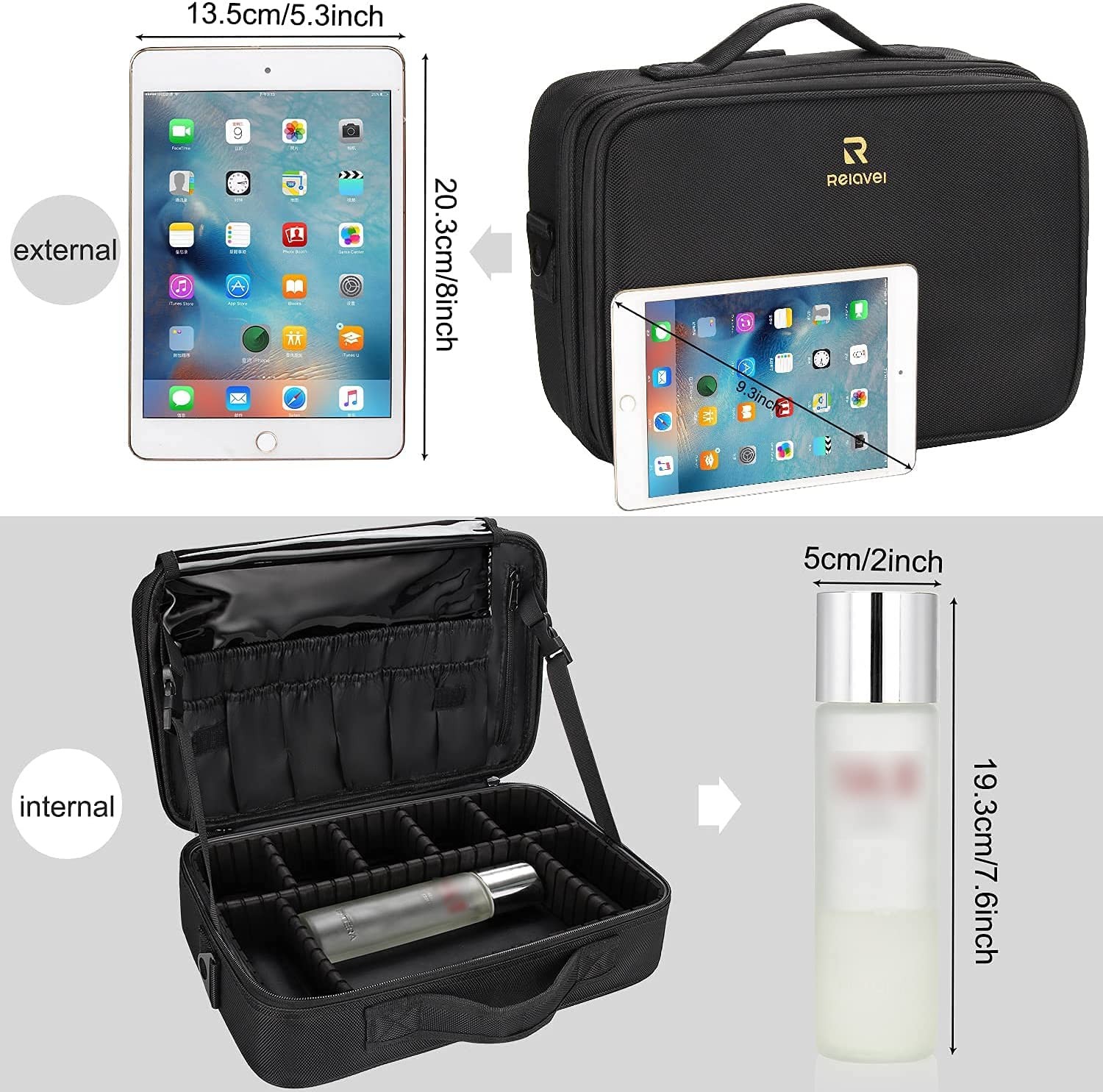 Relavel Makeup Bag Travel Train Case 13.8 inches Large Medium, m Black