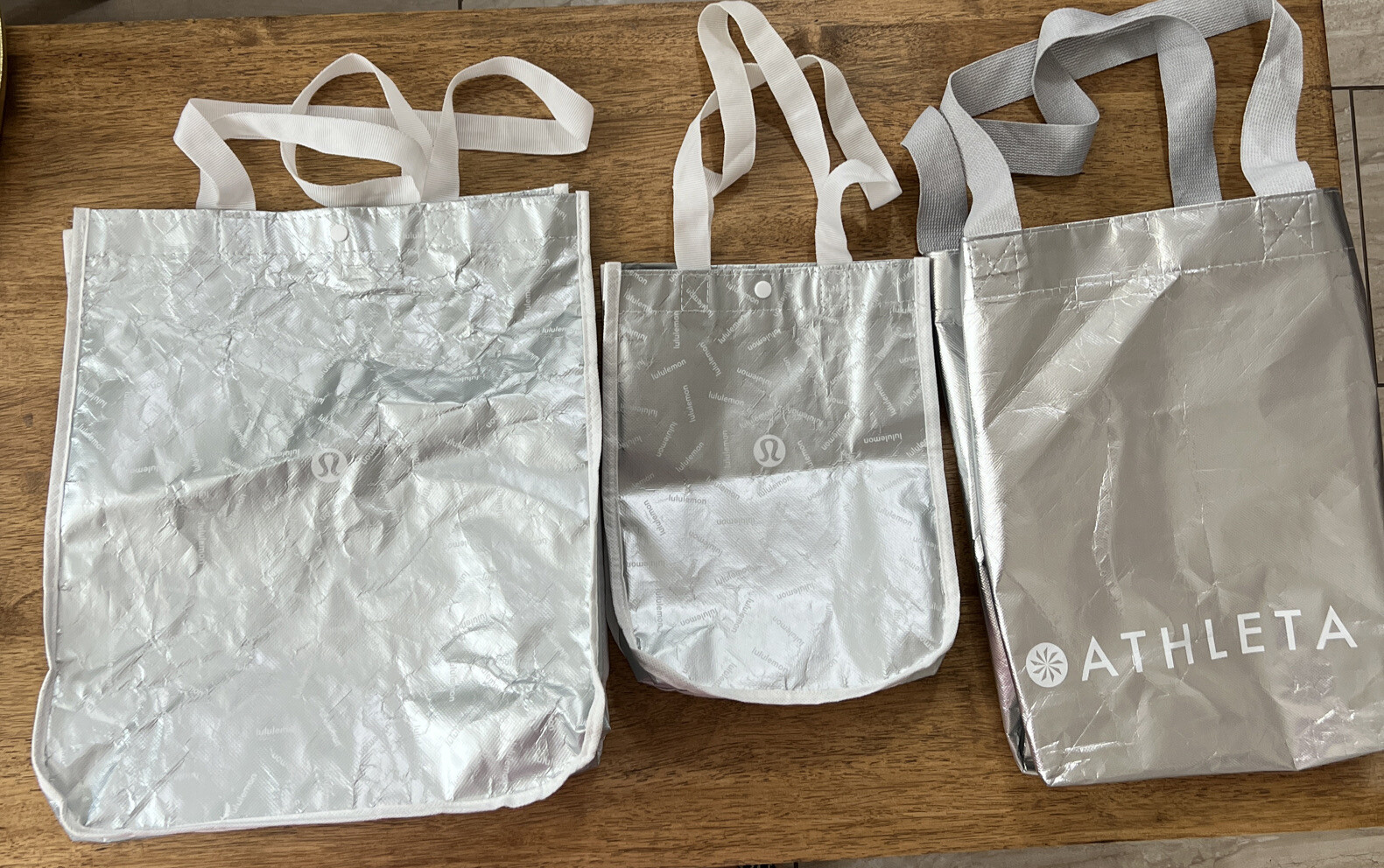 Lot Of 3 Lululemon & Athleta Reusable Shopping Bags Small & Medium Silver Tone