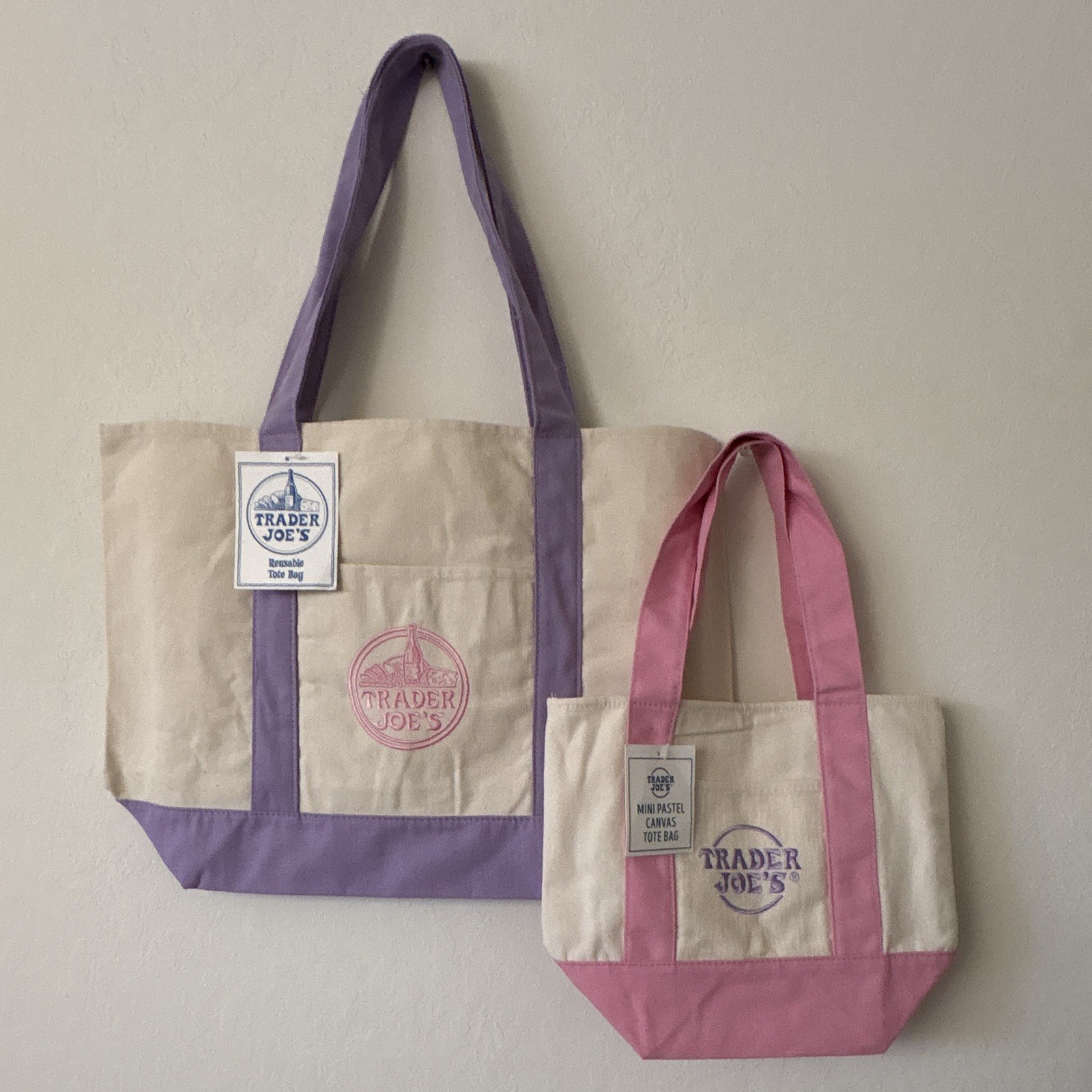 Trader Joe’s Canvas Tote Bags Set of 2 – Beige w/ Lavender & Pink Handles