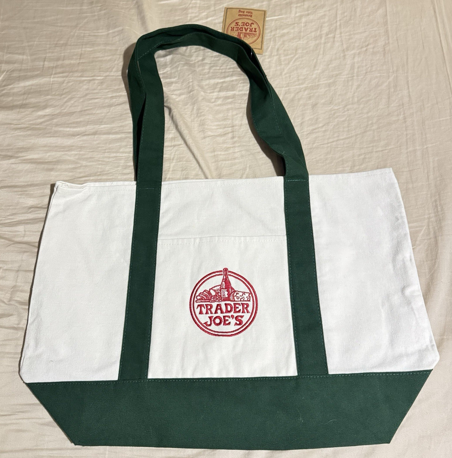 Trader Joe’s Medium Canvas Reusable Tote Bag Green/White Colorblock 18x7x15
