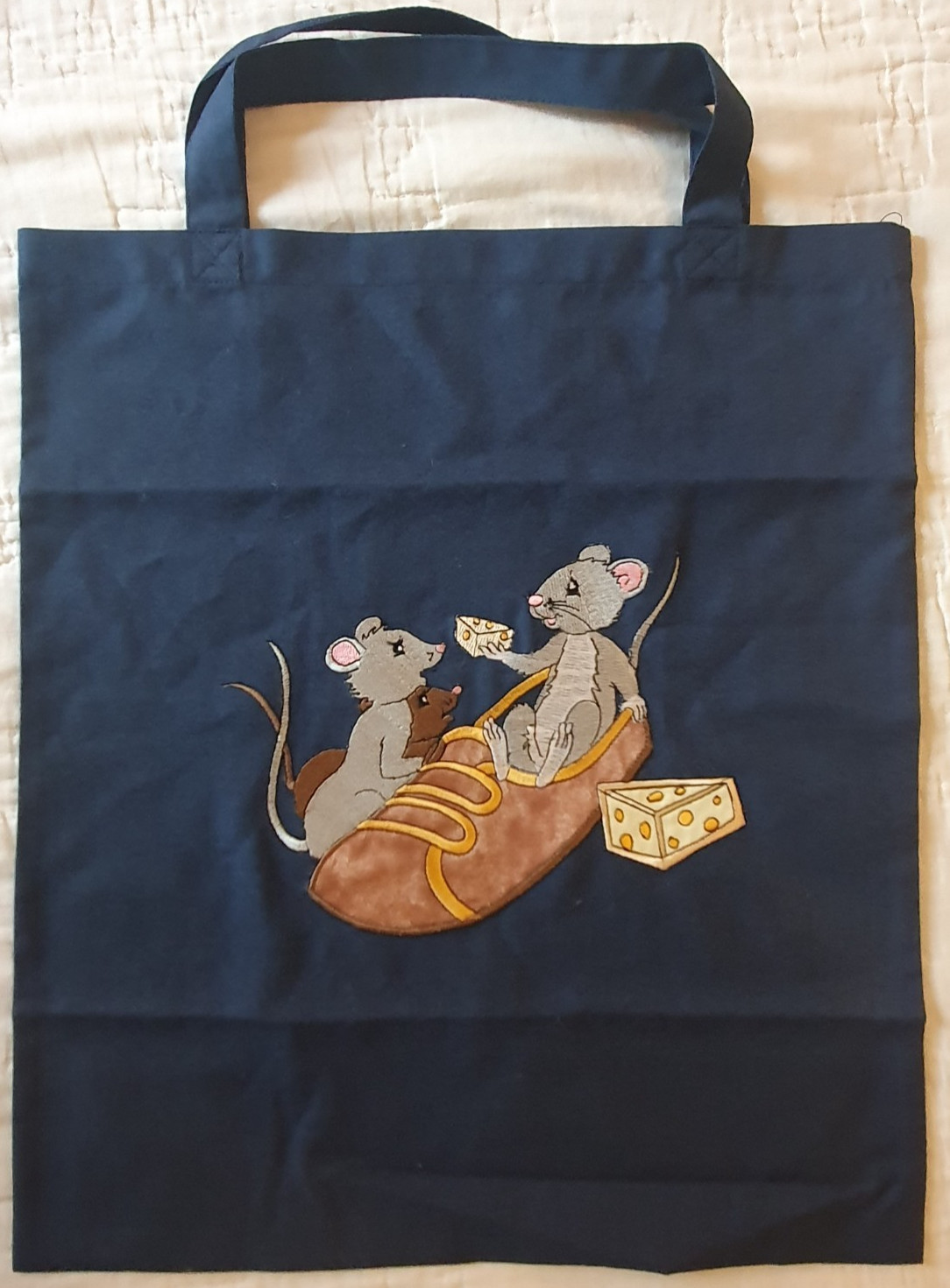 Mouse Swiss Cheese Shoe Embroidered Applique Book Tote Bag Navy Blue 14.5 x 17″