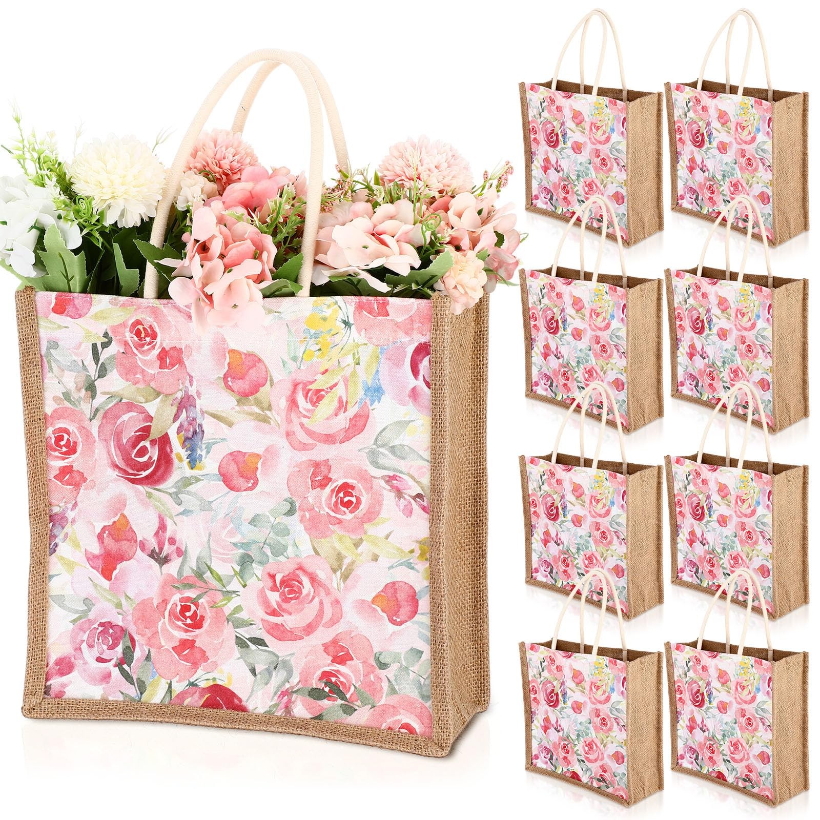 8 PCS Jute Floral Totes Bags Reusable Grocery Handle Burlap Tea Birthday