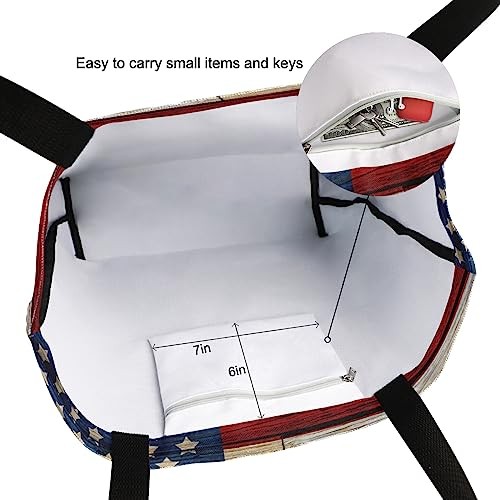 4th of July Canvas Tote Bag Large Women Casual Shoulder Wooden American Flag