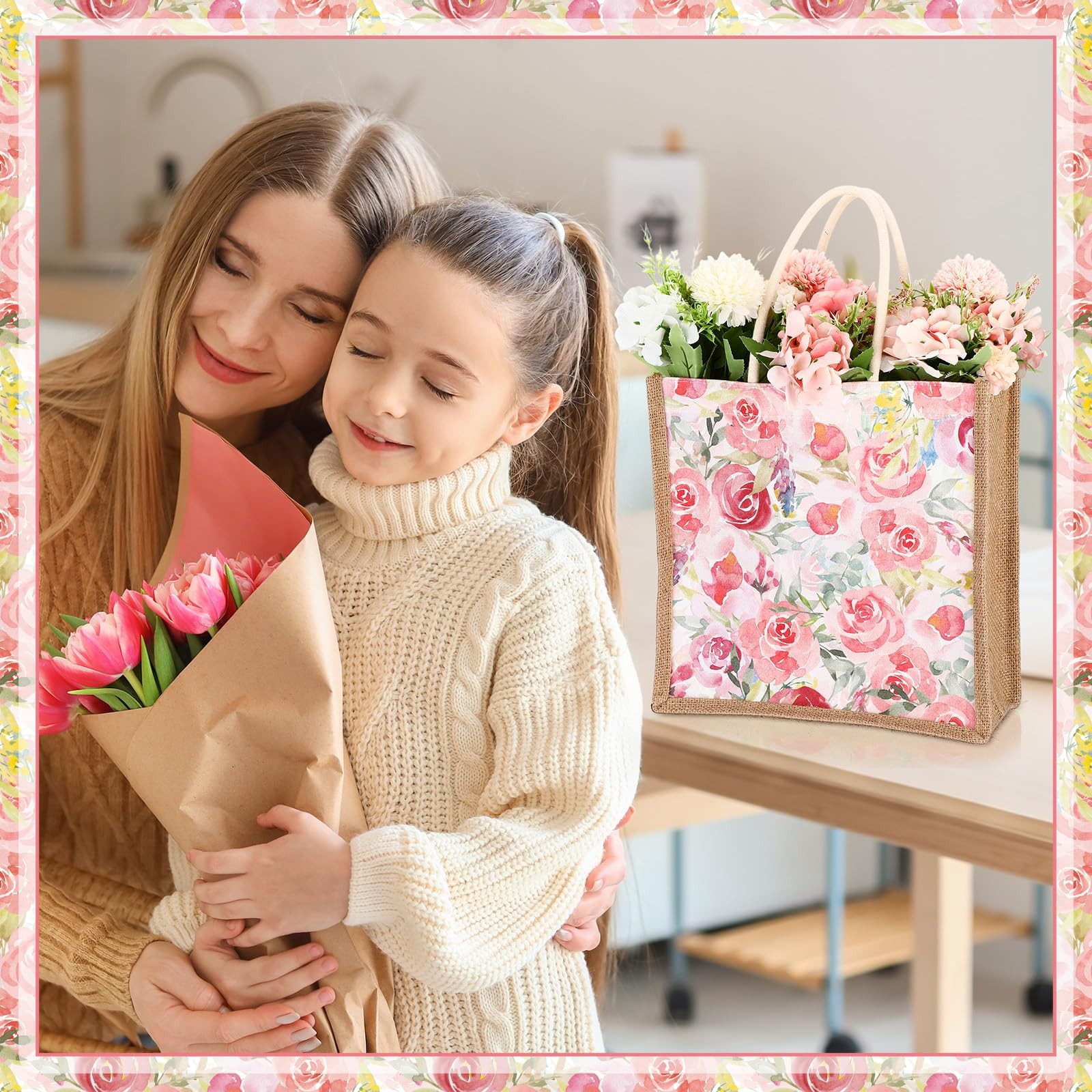 8 PCS Jute Floral Totes Bags Reusable Grocery Handle Burlap Tea Birthday