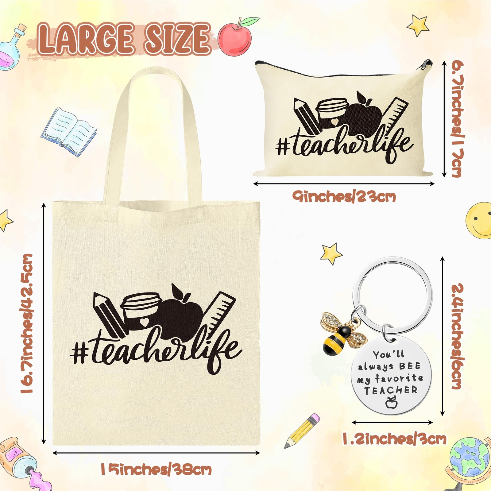 Teacher Canvas Tote Bags and makeup bag with Keychain, 3Pcs Teacher Appreciat…