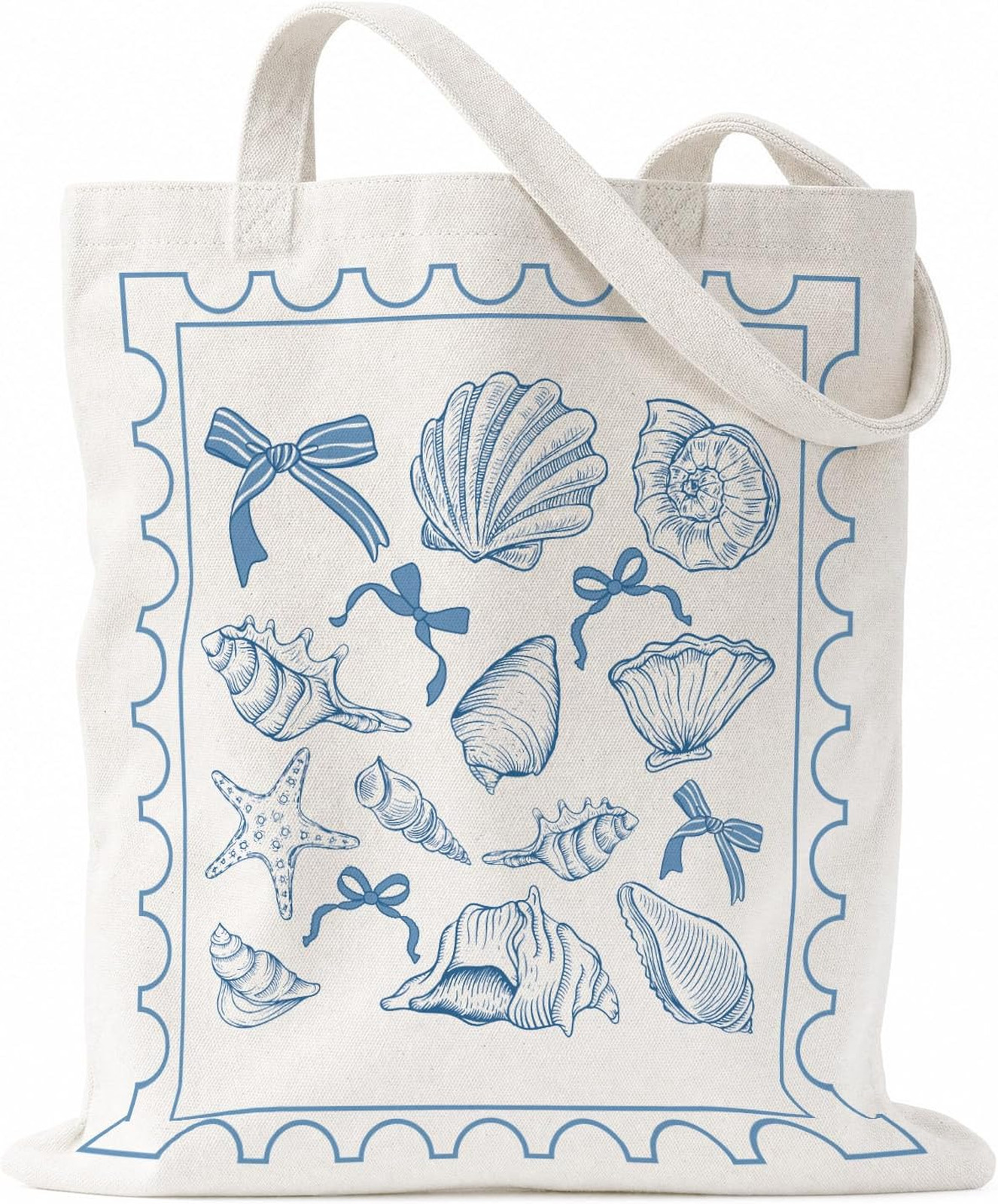 Blue Seashell Canvas Tote Bag for Women Summer Beach Coastal Ocean December Gift