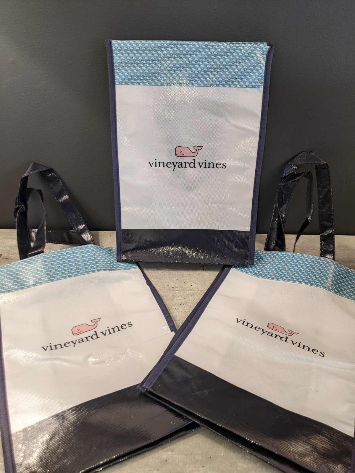 (3) Vineyard Vines Plastic Shopping Tote Bags 9″ X 13″ White w/ Pink Whale Reuse