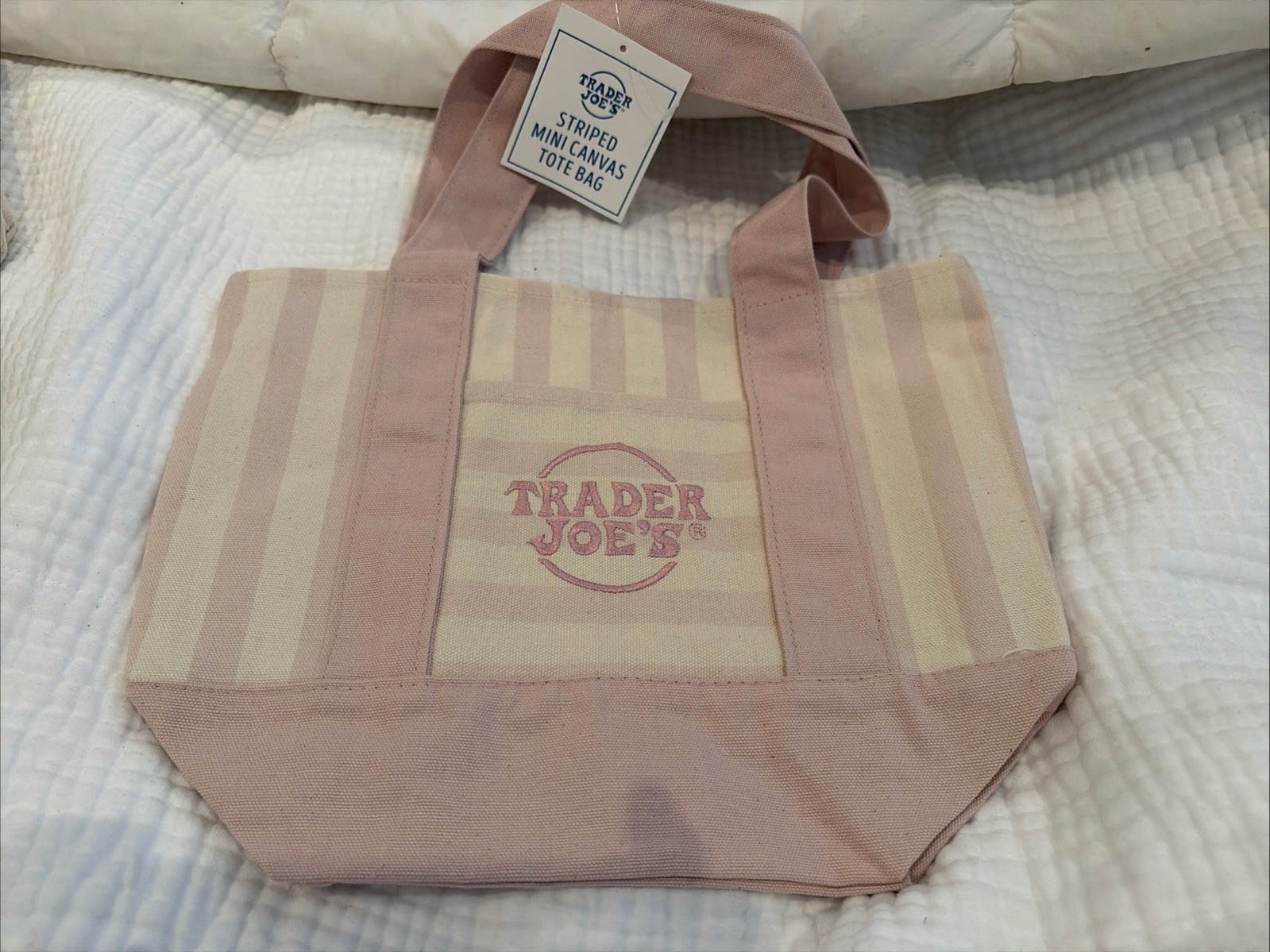 Trader Joe’s Small Striped Tote Bag Pink/White 12x6x10 Polyester/Cotton
