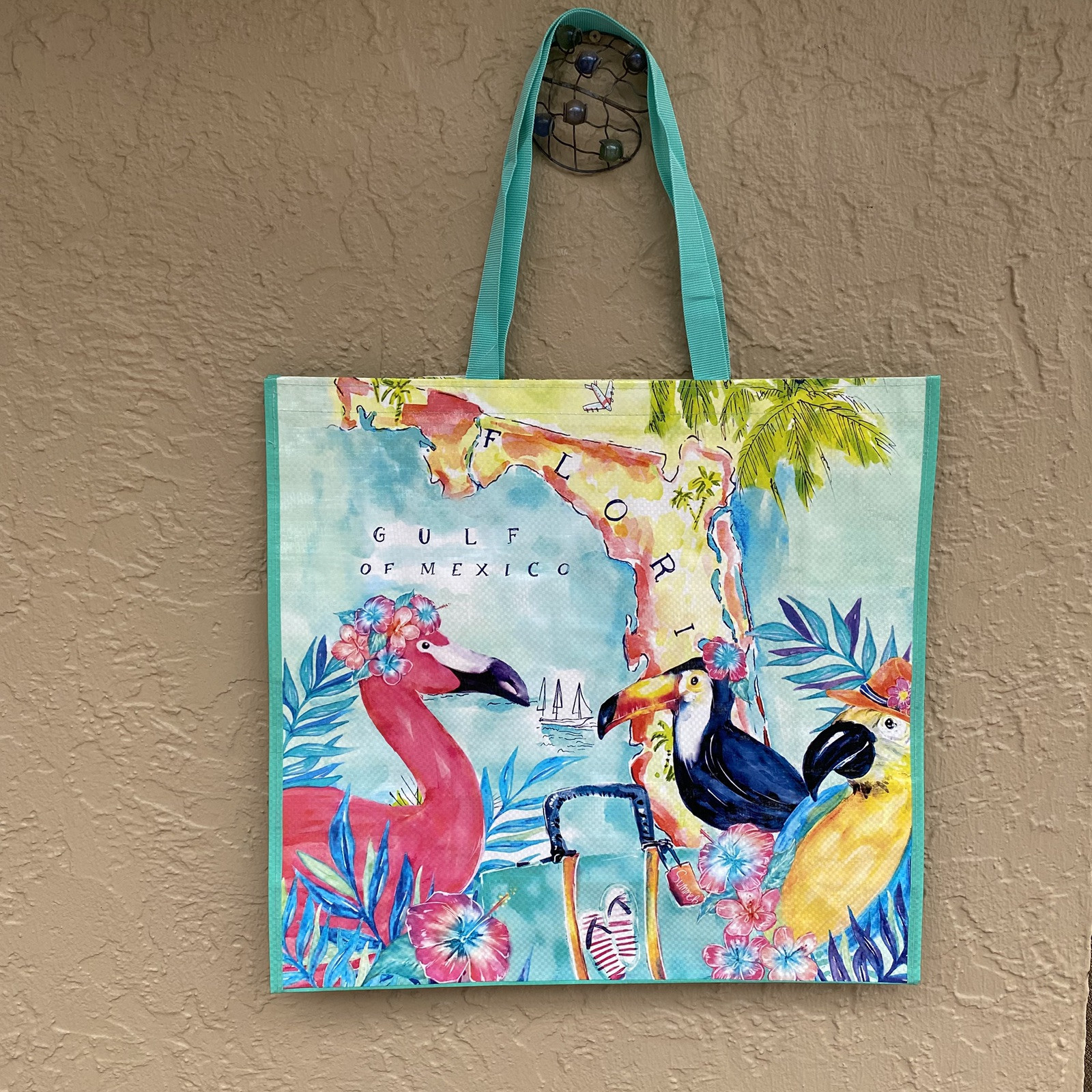 NEW Lot Of 3 Flamingo Florida Gulf of Mexico Reusable Shopping Bag 19 X 18 X 6