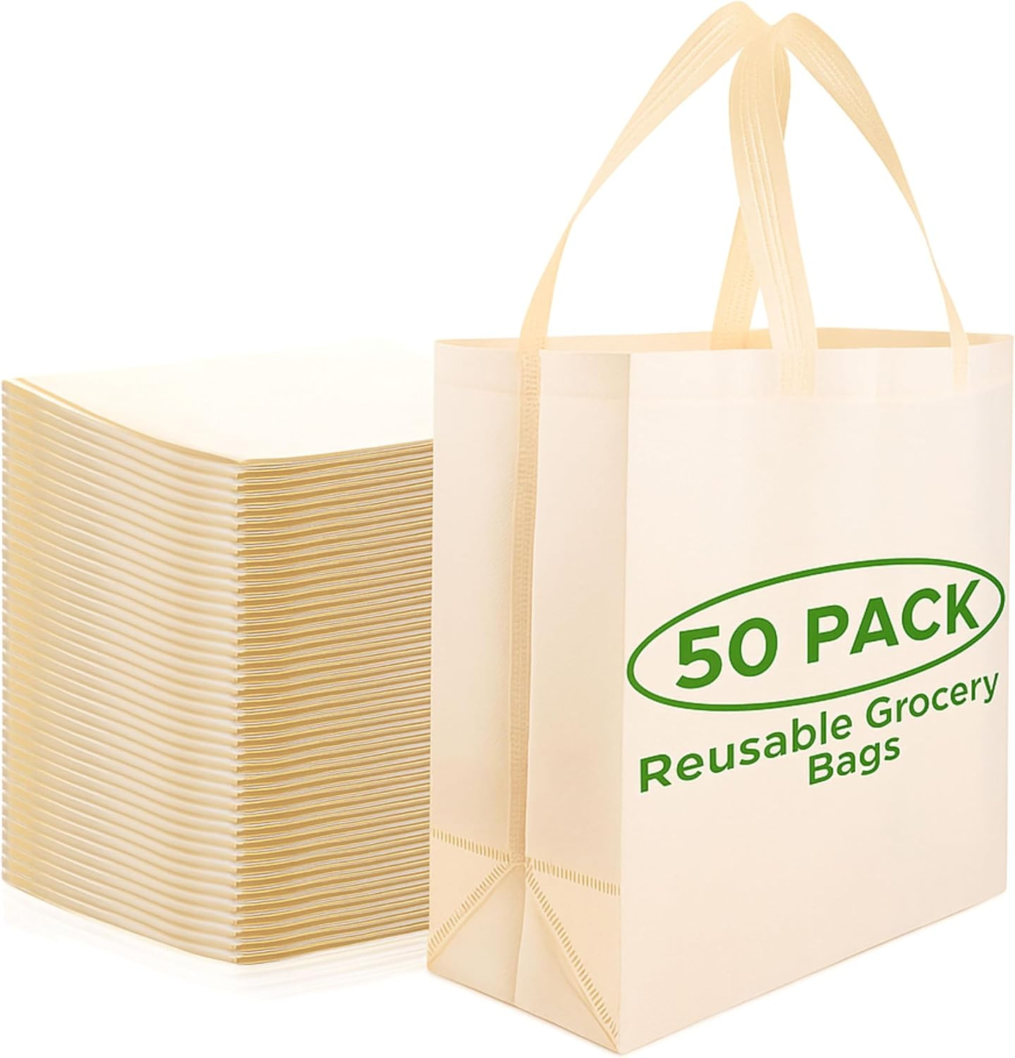 Eco-Friendly Large Reusable Grocery Bags – 50 Pack, Cream, Heavy Duty Tote Bags