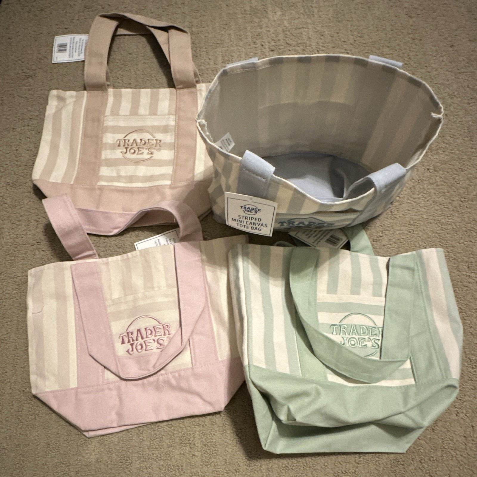 Trader Joe’s Reusable Striped Canvas Tote Bags 4-Pack 12x11x6 in