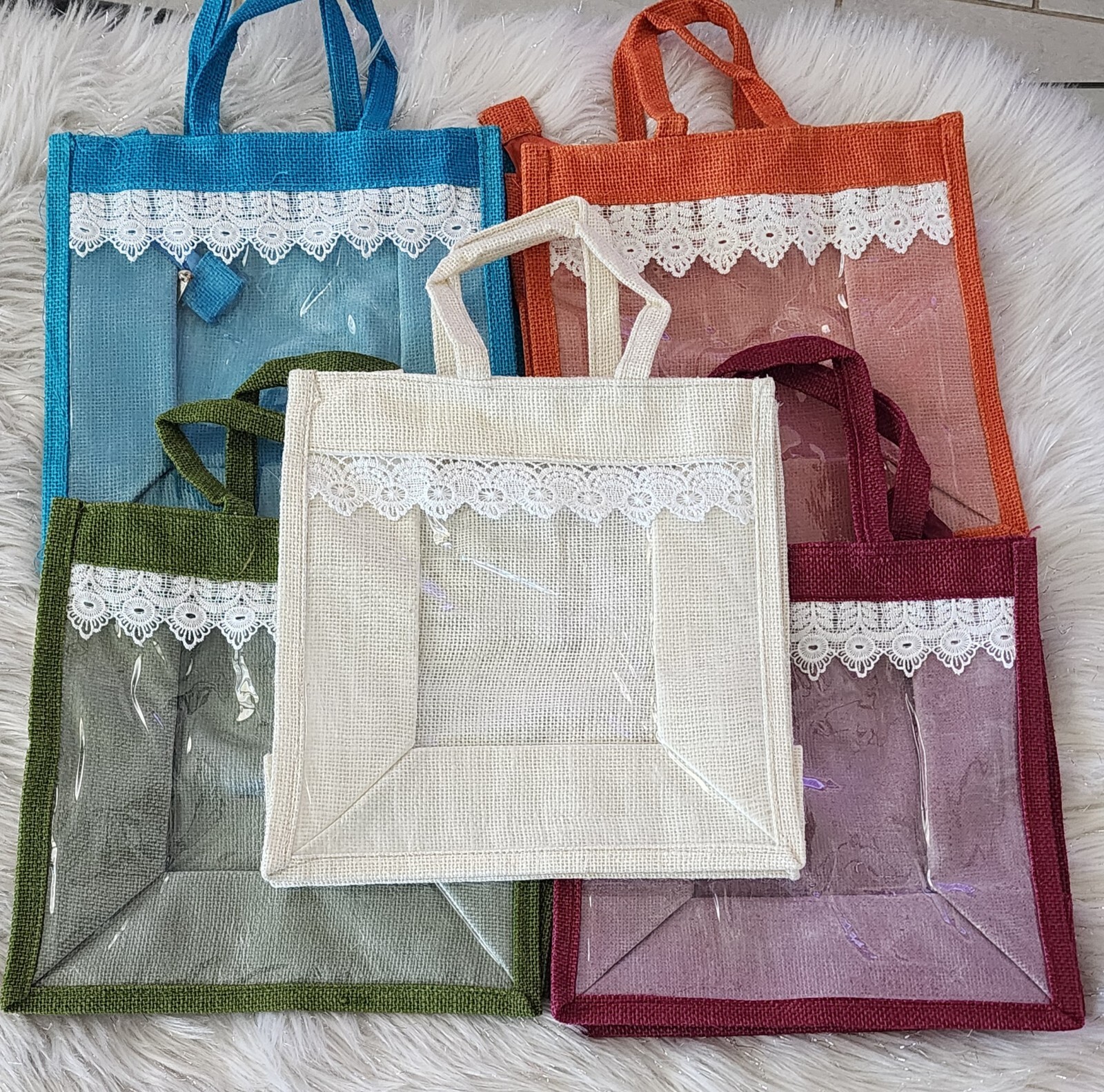 5 PCS Handmade Jute BagTransparent PVC Film Window Jute Beach Tote Reusable Bag