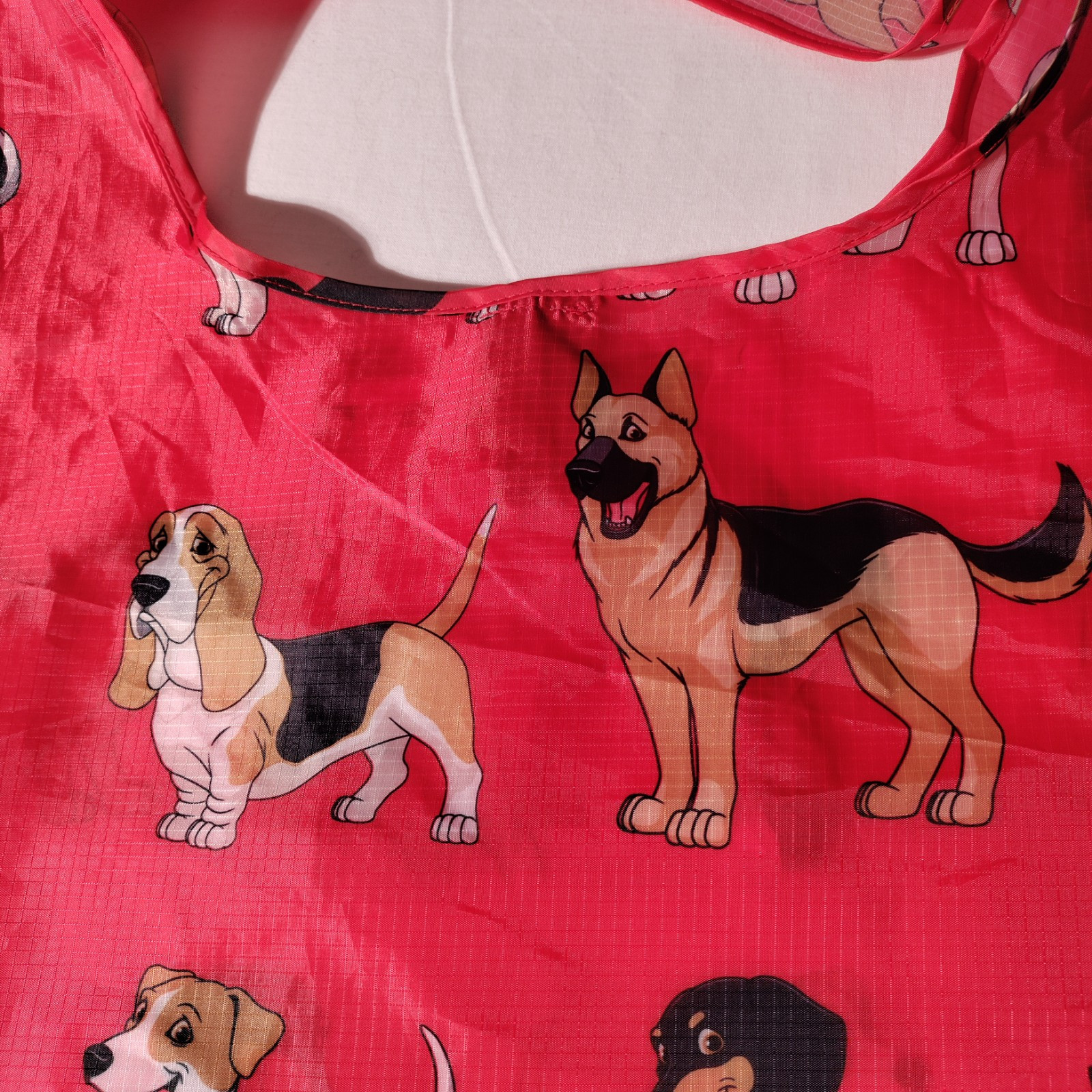 BeeGreen Reusable Nylon Shopping Tote Red Bag with Dogs All Over