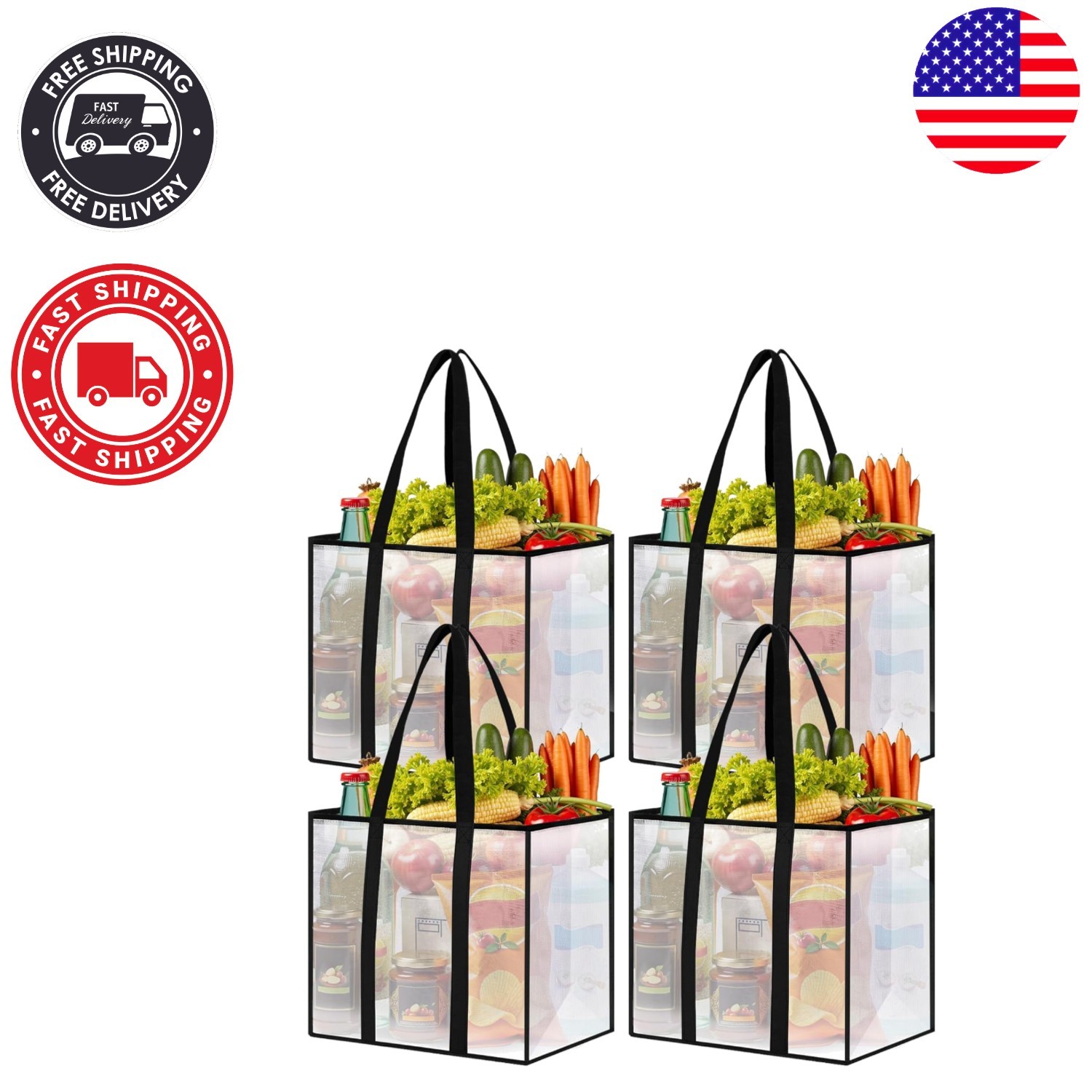 Clear Multi-Purpose 4 Pack Reusable Grocery Bags – Handles & Water-Resistant