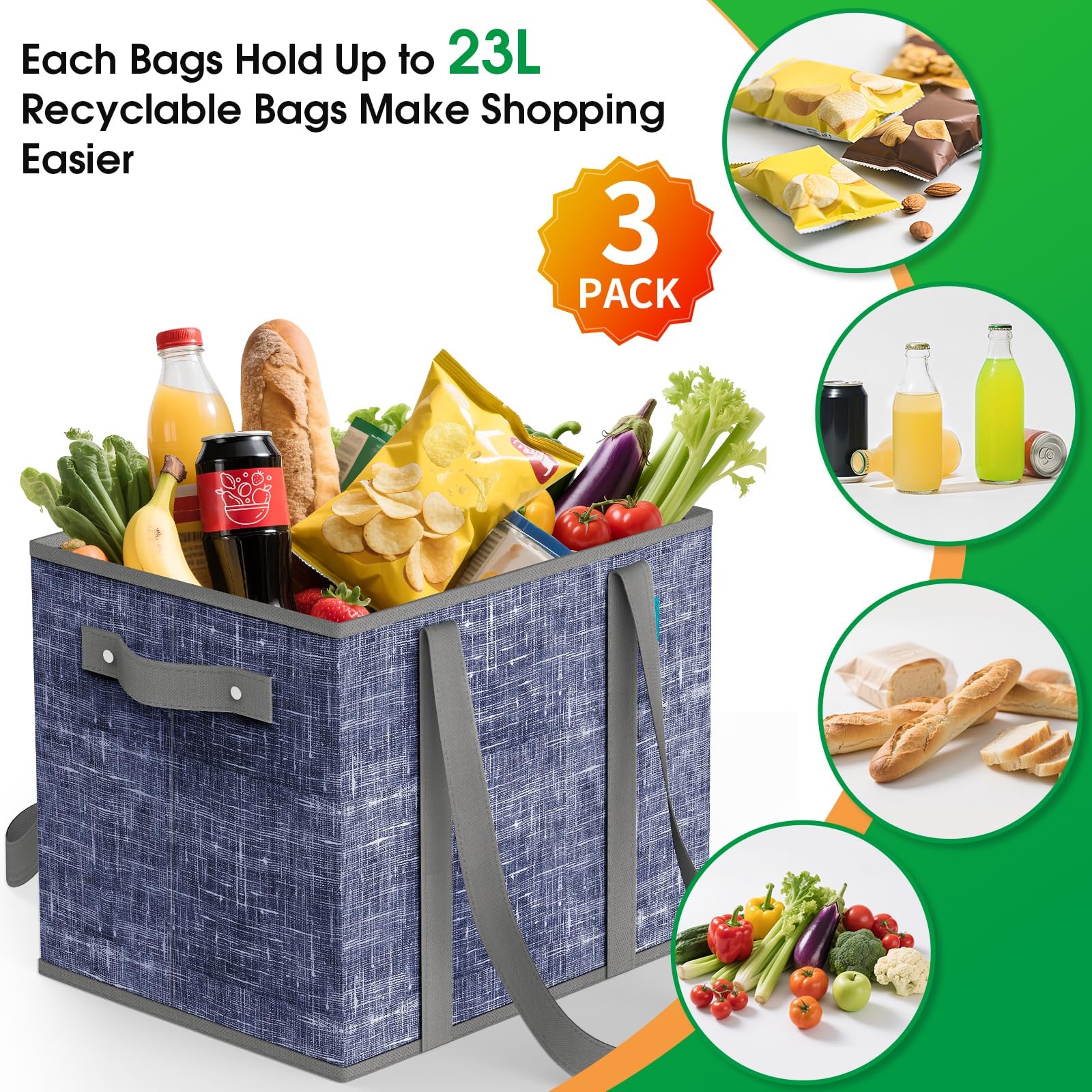 3 PCS Blue Reusable Grocery Bags Large Foldable Shopping Tote Hard Bottom