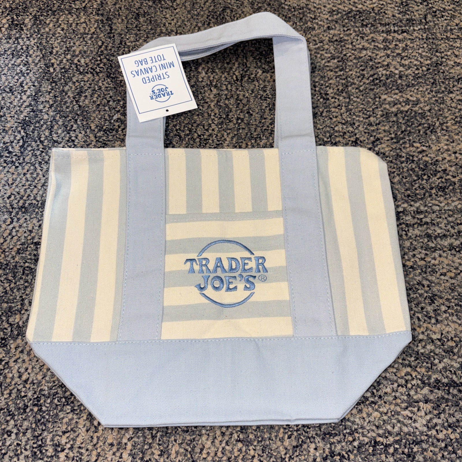 NWT Trader Joe’s Small Striped Tote Bag Blue/White 12x6x10 Polyester/Cotton