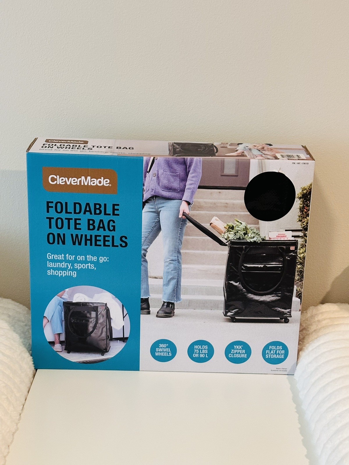 clevermade foldable tote bag on 360 swivel wheels black holds 75lb new with box