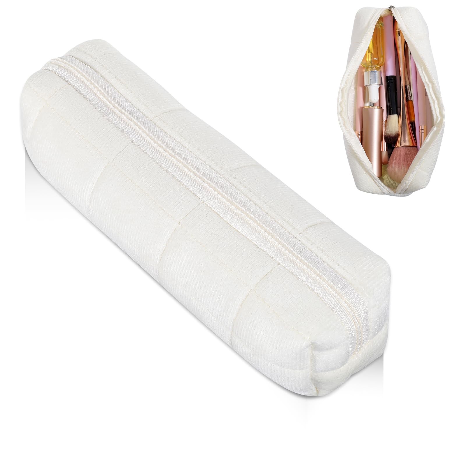 JJUNW Small Plush Pencil Pouch, Case Travel Makeup Bag White