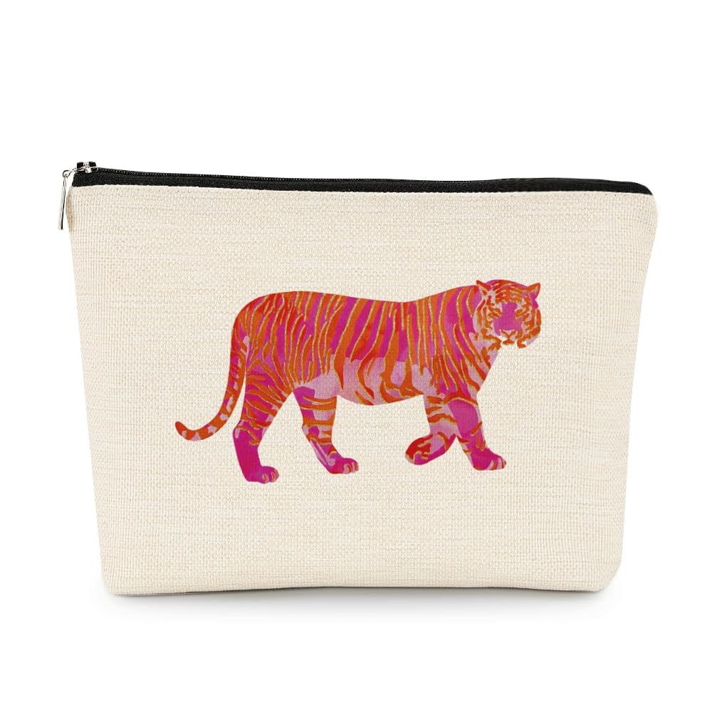 EXUQO Preppy Tiger Small Makeup Bag,Teen Girl Gifts,Pink preppy-L
