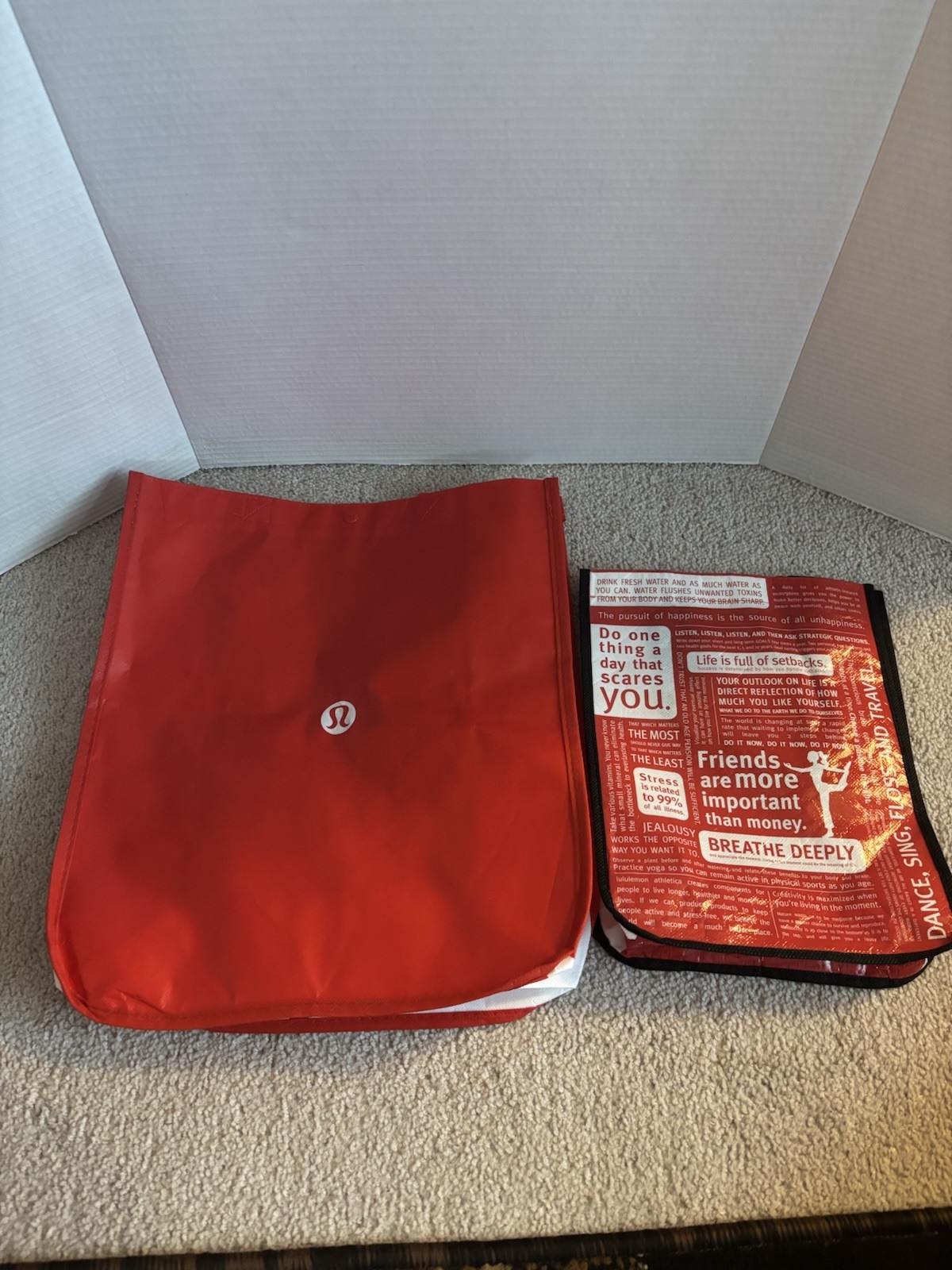 Lululemon Red And White Logo Reusable Large And Small Shopping Tote Bags.
