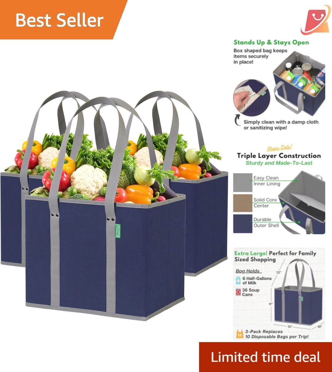 Reusable Grocery Bags 3 Pack Canvas Heavy Duty Large Tote Box Shape Stand Up