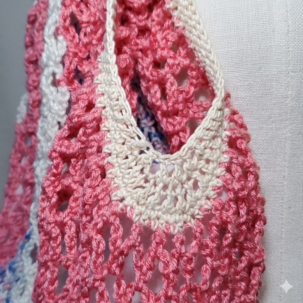 Farmers Market Bag Pink Handmade Crochet French Net Sack Cotton Grocery Beach