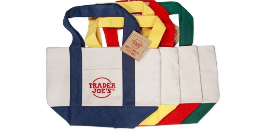 Trader Joes Mini Canvas Tote Bag Reusable Blue Red Yellow Green Lot Of 4 NWT