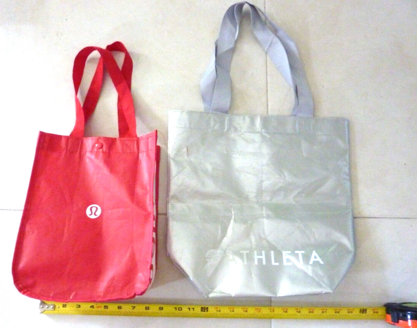 Lot of 2 – Lululemon & Athleta Small Reusable Shopping Tote Bags – Red & Silver