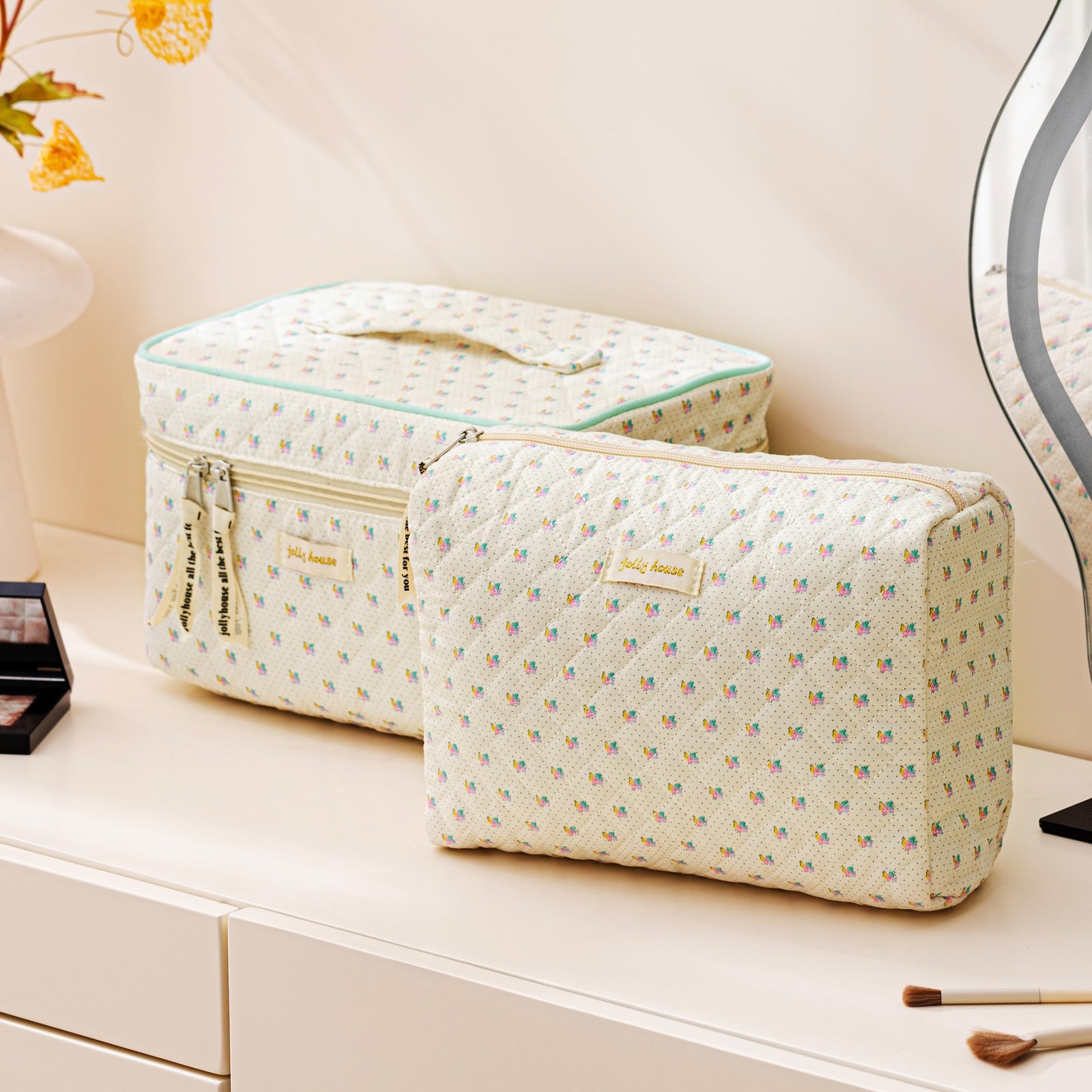 HBselect Quilted Makeup Bag, 3PCS 10.6 x 6.5 x 5.5 inches, A-3PCS-Flower