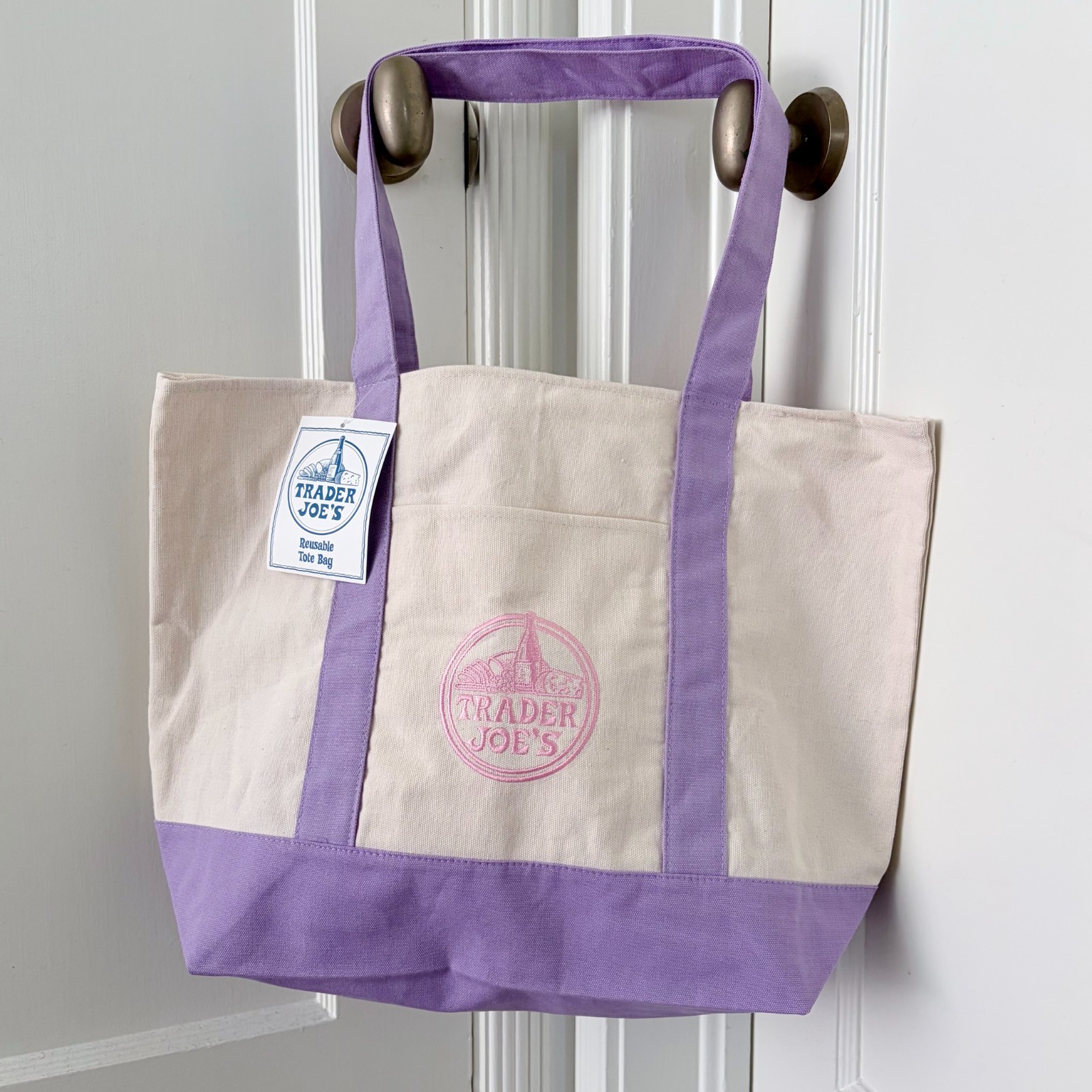 Trader Joe’s Large Canvas Tote Bag Lavender Purple w/ Pink Logo NWT Limited